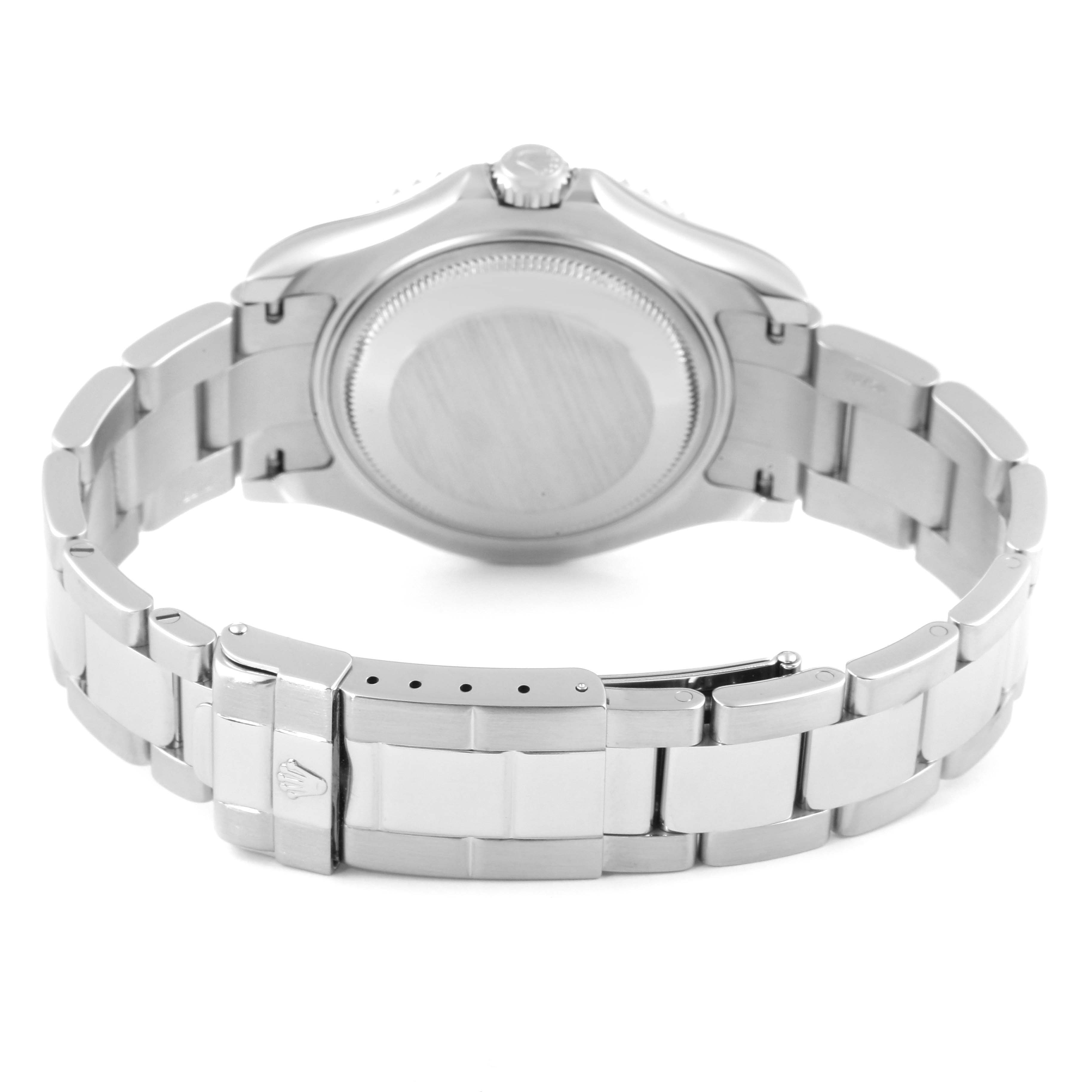 The image shows the back view of a Rolex Yacht-Master 168622 Men
s Stainless Steel Silver Dial 168622 Men
s Stainless Steel Silver Dial watch, highlighting the case back and metal bracelet.