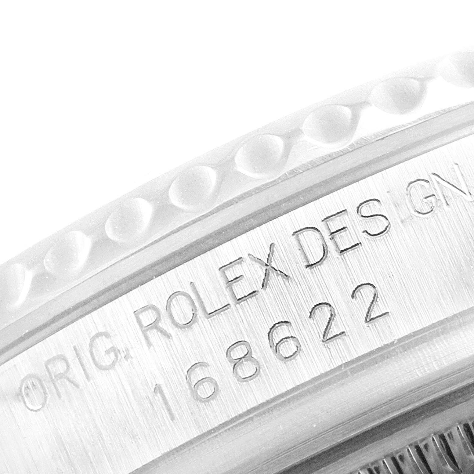 This image shows a close-up of the bezel and case side of a Rolex Yacht-Master 168622 Men
s Stainless Steel Silver Dial 168622 Men
s Stainless Steel Silver Dial, featuring model number 168622.