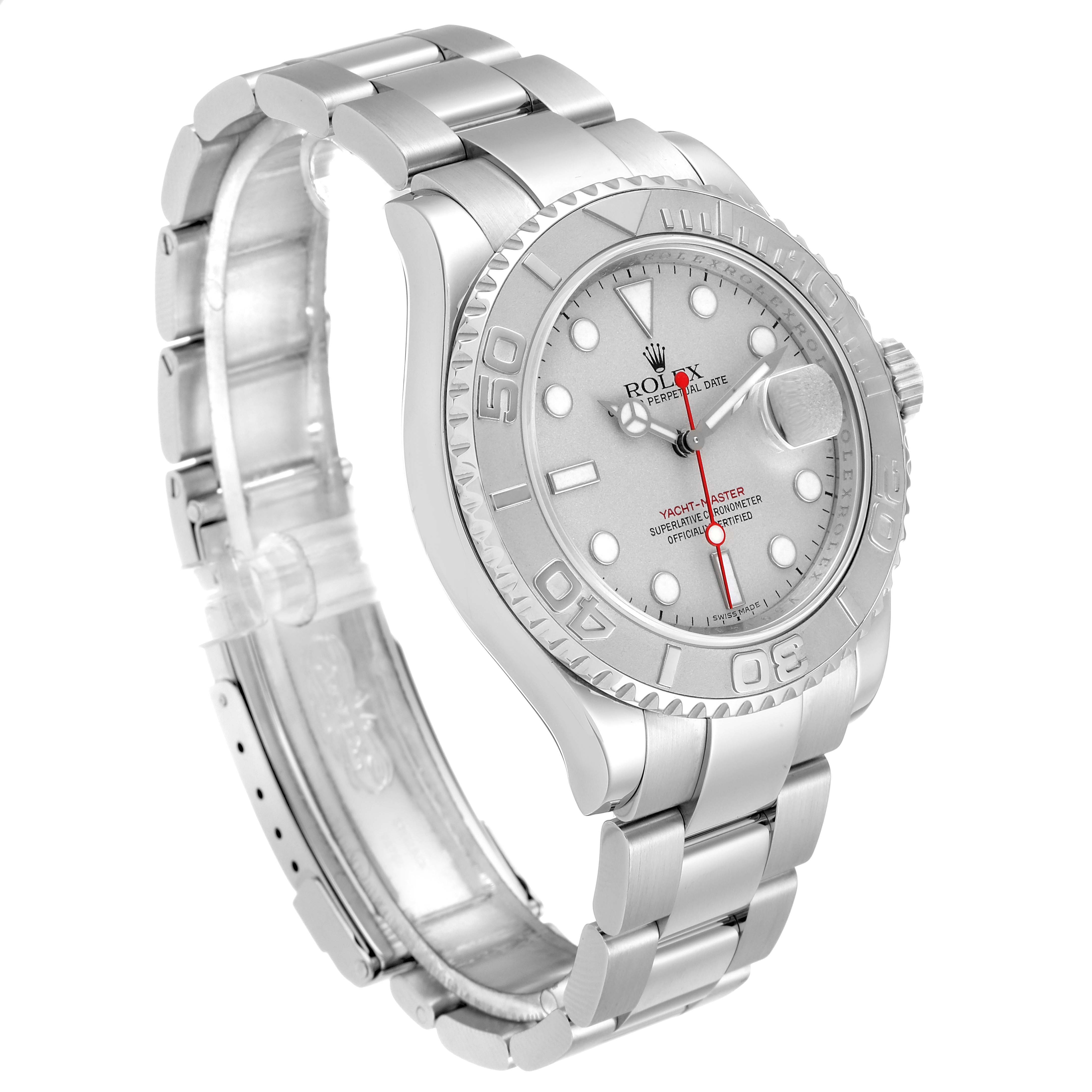 This image of the Rolex Yacht-Master 16622 Men's Stainless Steel Silver Dial 16622 Men's Stainless Steel Silver Dial watch shows a side angle of the case, bezel, dial, and bracelet.