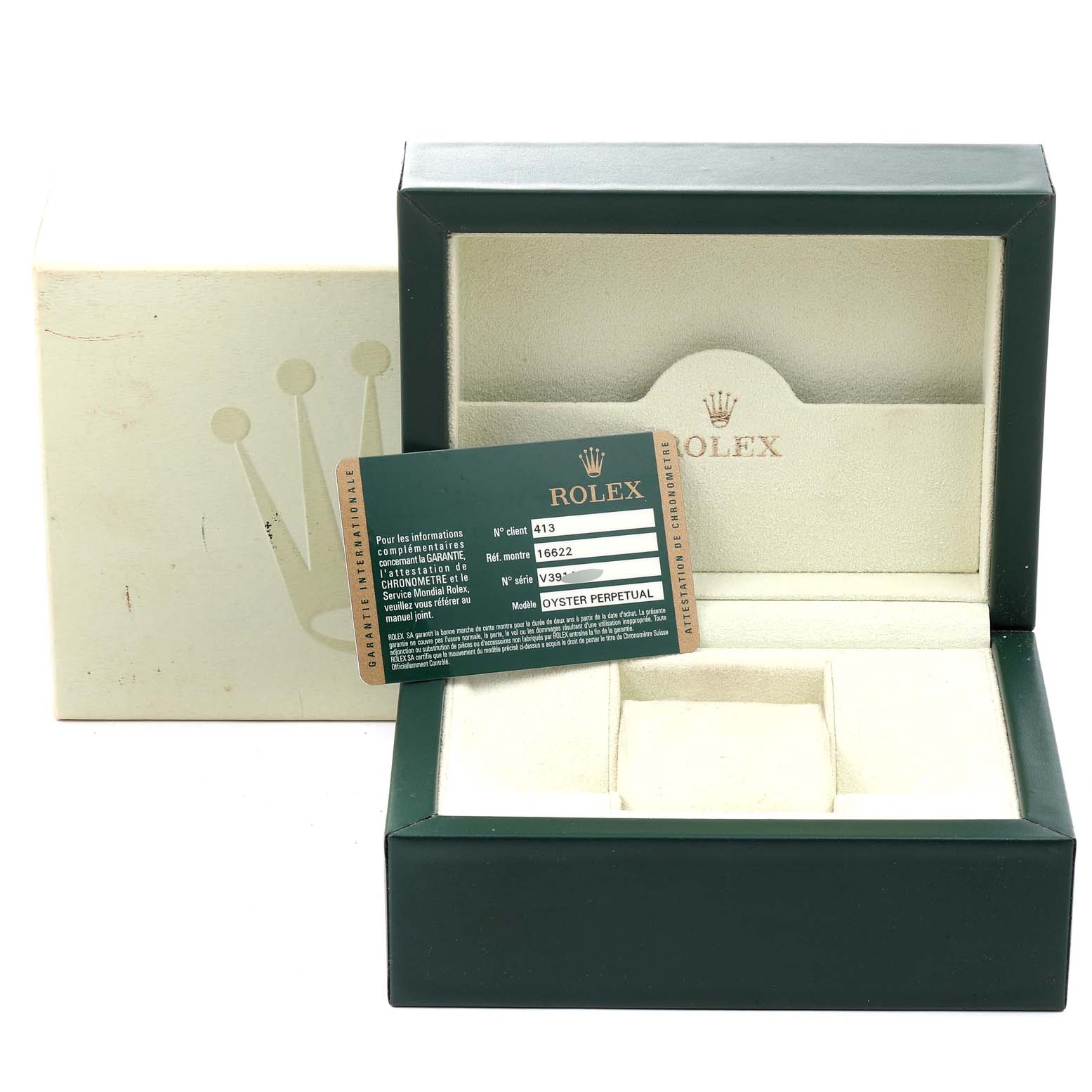 The image shows the empty box and warranty card for a Rolex Yacht-Master 16622 Men's Stainless Steel Silver Dial 16622 Men's Stainless Steel Silver Dial model watch.