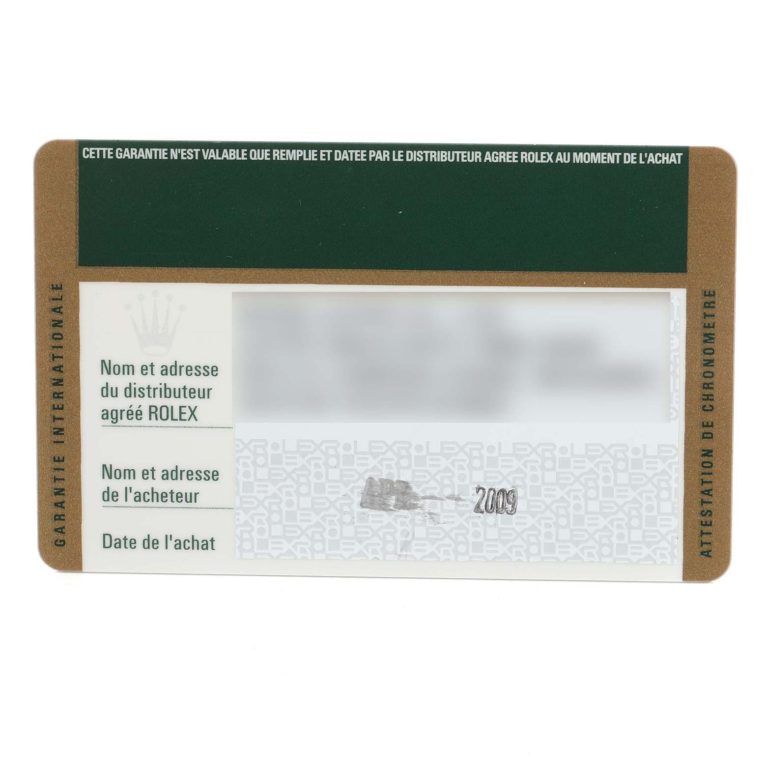 The image shows the warranty card of a Rolex Yacht-Master 16622 Men's Stainless Steel Silver Dial 16622 Men's Stainless Steel Silver Dial watch, featuring the brand's official markings and purchase details section.