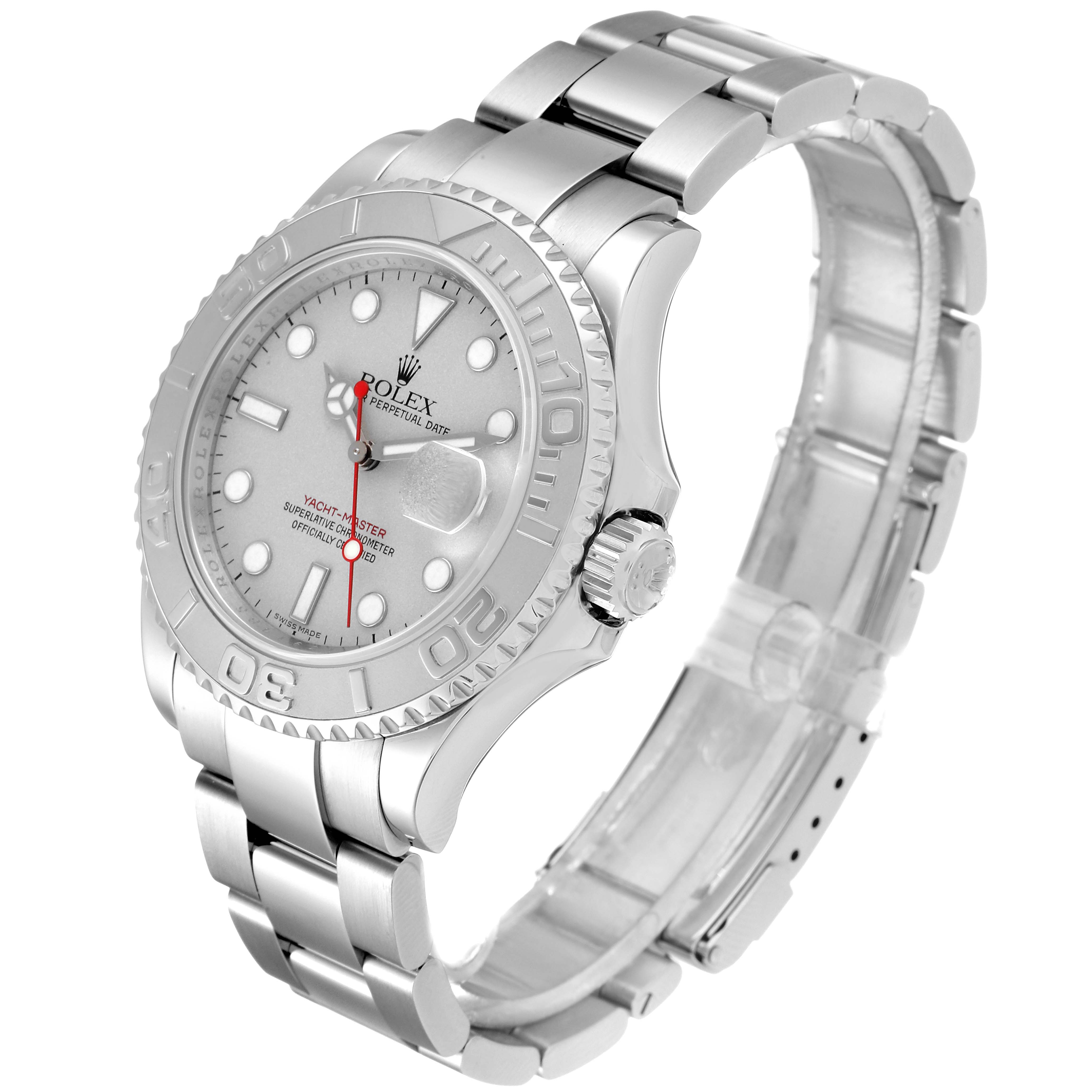 The Rolex Yacht-Master 16622 Men's Stainless Steel Silver Dial 16622 Men's Stainless Steel Silver Dial watch is displayed at an angled view showing the bezel, dial, crown, and bracelet.