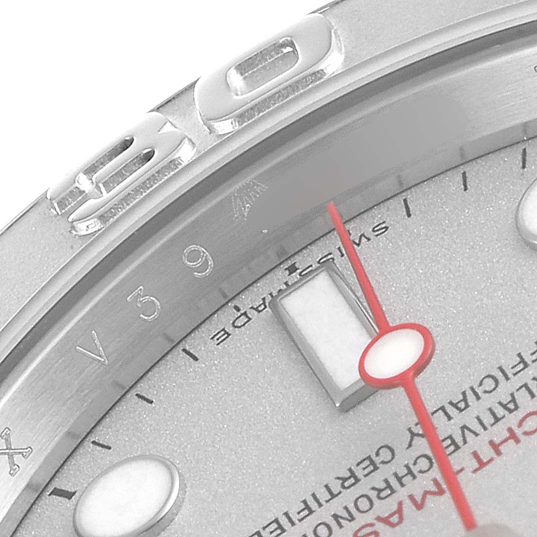 The image shows a close-up angle of the dial, bezel, and part of the second hand of the Rolex Yacht-Master 16622 Men's Stainless Steel Silver Dial 16622 Men's Stainless Steel Silver Dial watch.