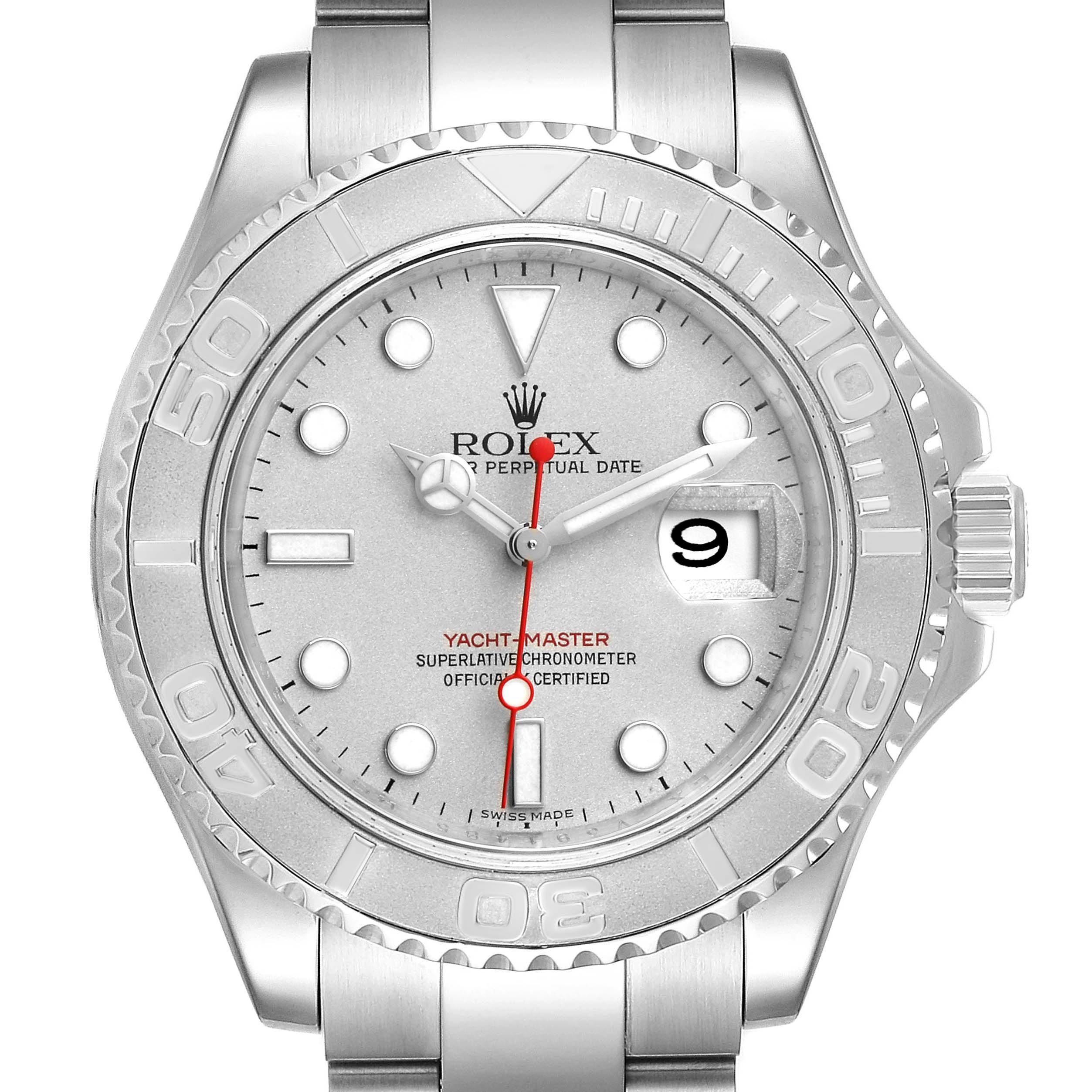 This is a close-up front view of the Yacht-Master watch by Rolex, showing the dial, bezel, and part of the bracelet.