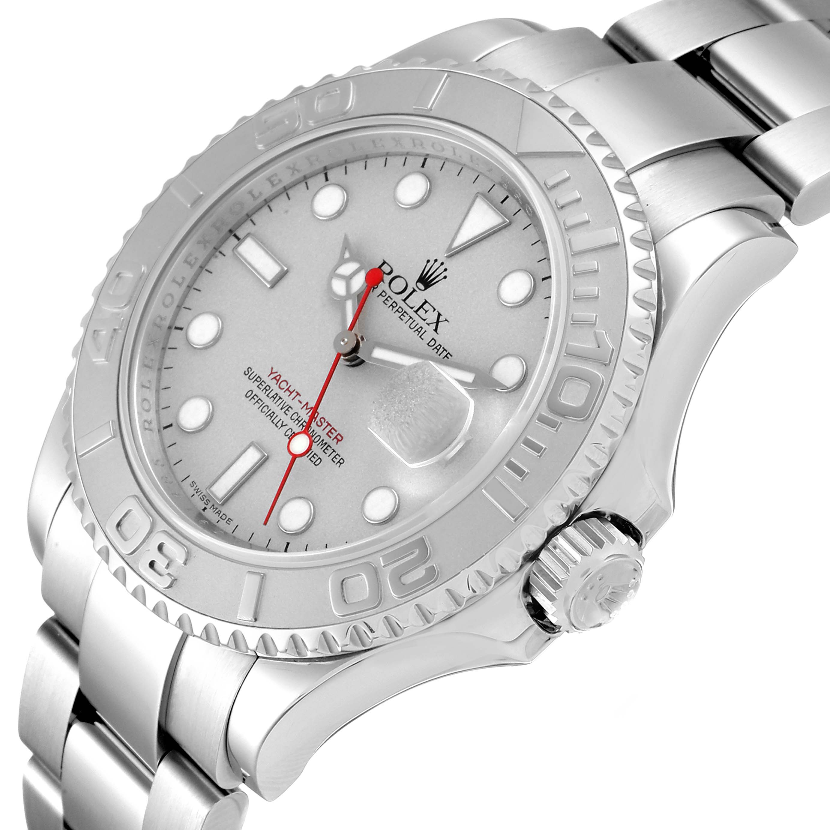 The image shows a Rolex Yacht-Master 16622 Men's Stainless Steel Silver Dial 16622 Men's Stainless Steel Silver Dial watch angled to display the dial, bezel, crown, and a section of the bracelet.