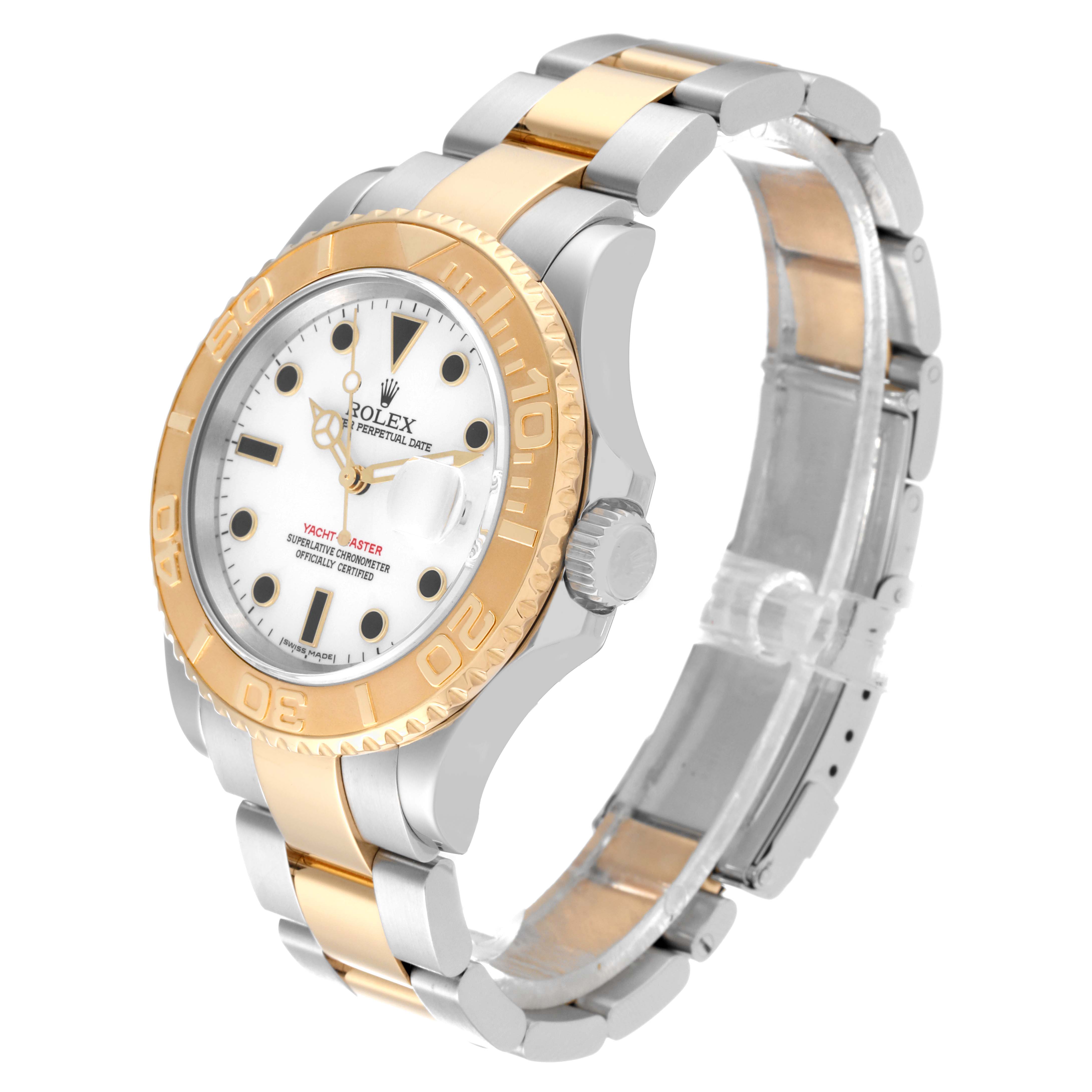 The Rolex Yacht-Master 16623 Men
s Steel and Gold (two tone) White Dial 16623 Men
s Steel and Gold (two tone) White Dial watch is shown at an angle displaying its face, crown, bezel, and two-tone bracelet.