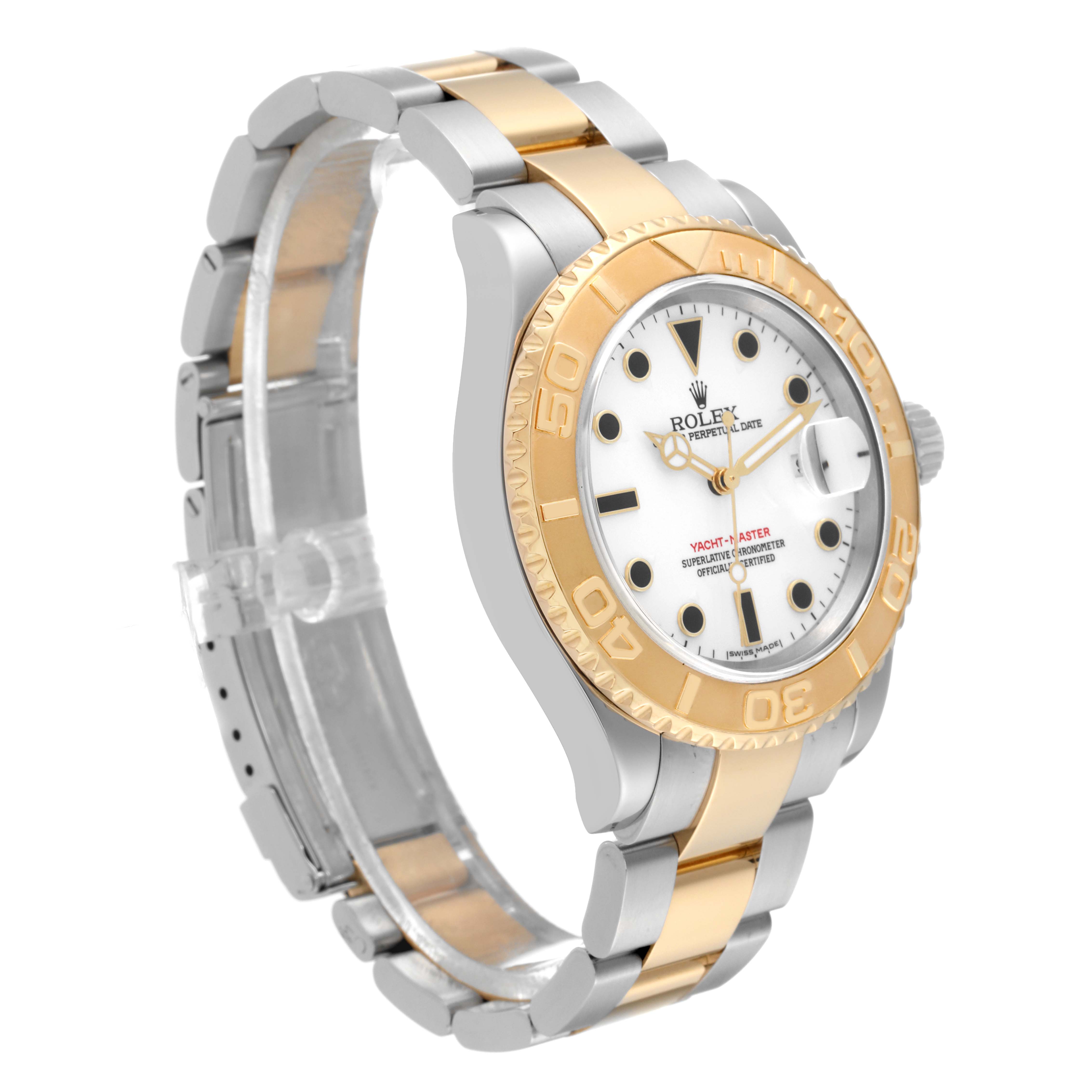 The image shows a side angle of a Rolex Yacht-Master 16623 Men
s Steel and Gold (two tone) White Dial 16623 Men
s Steel and Gold (two tone) White Dial watch, highlighting its gold and silver bracelet and the bezel with the watch face.