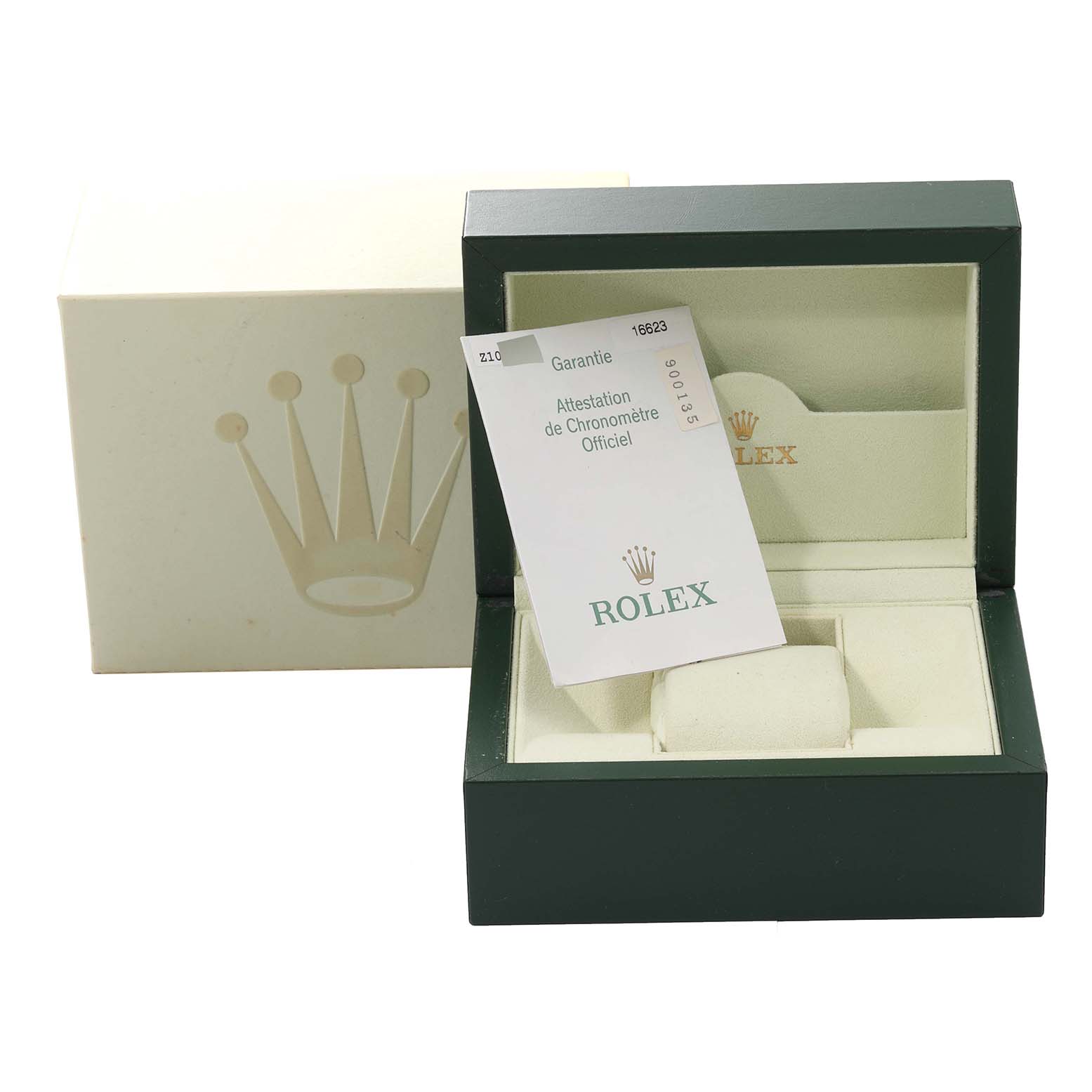 The image shows an open Rolex Yacht-Master 16623 Men
s Steel and Gold (two tone) White Dial 16623 Men
s Steel and Gold (two tone) White Dial watch box with its warranty card visible.