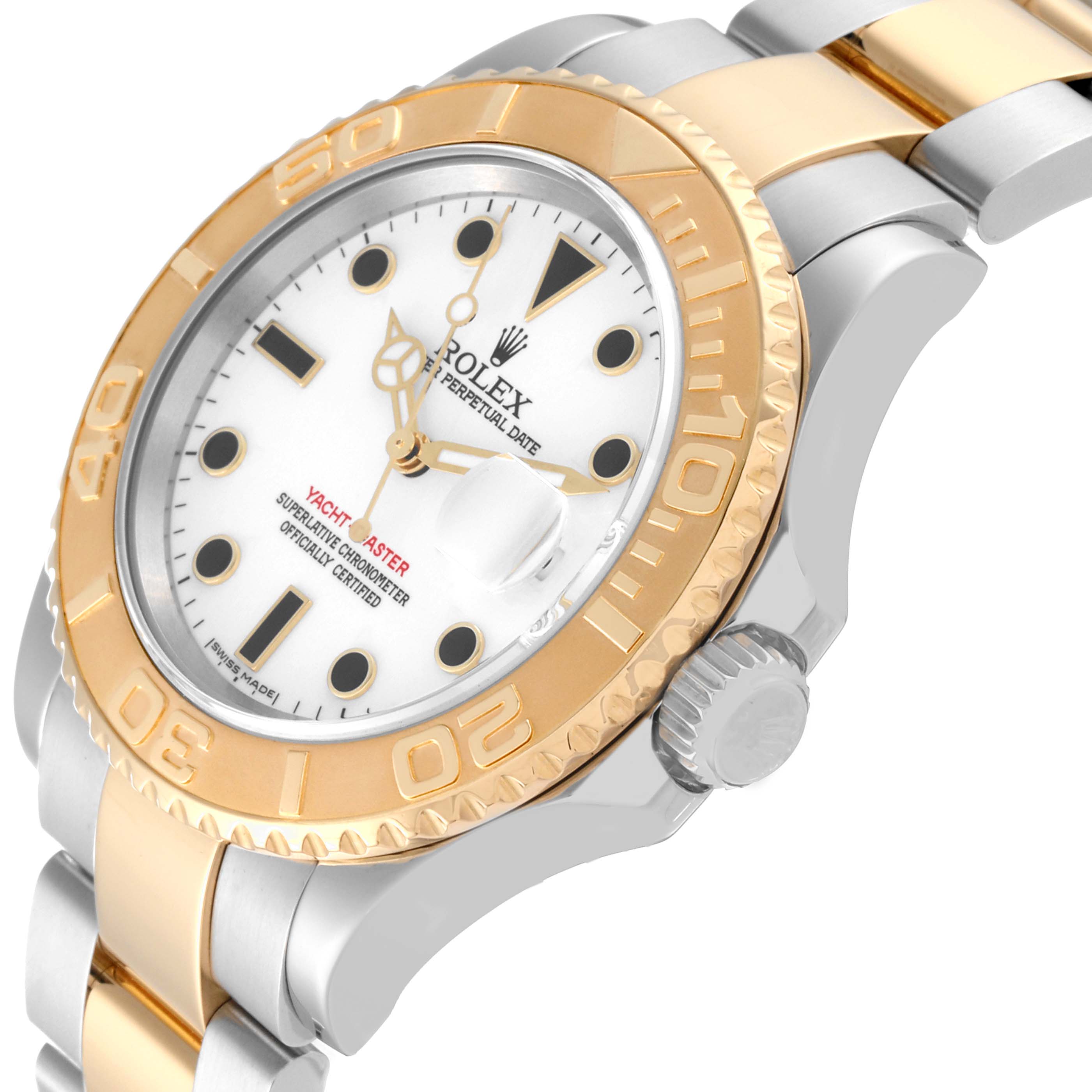The Rolex Yacht-Master 16623 Men
s Steel and Gold (two tone) White Dial 16623 Men
s Steel and Gold (two tone) White Dial watch is shown from a side angle, highlighting its bezel, dial, crown, and part of the bracelet.