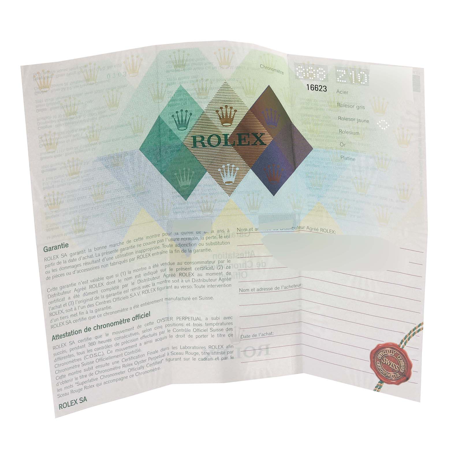 This shows the warranty and certification papers for a Rolex Yacht-Master 16623 Men
s Steel and Gold (two tone) White Dial 16623 Men
s Steel and Gold (two tone) White Dial watch.