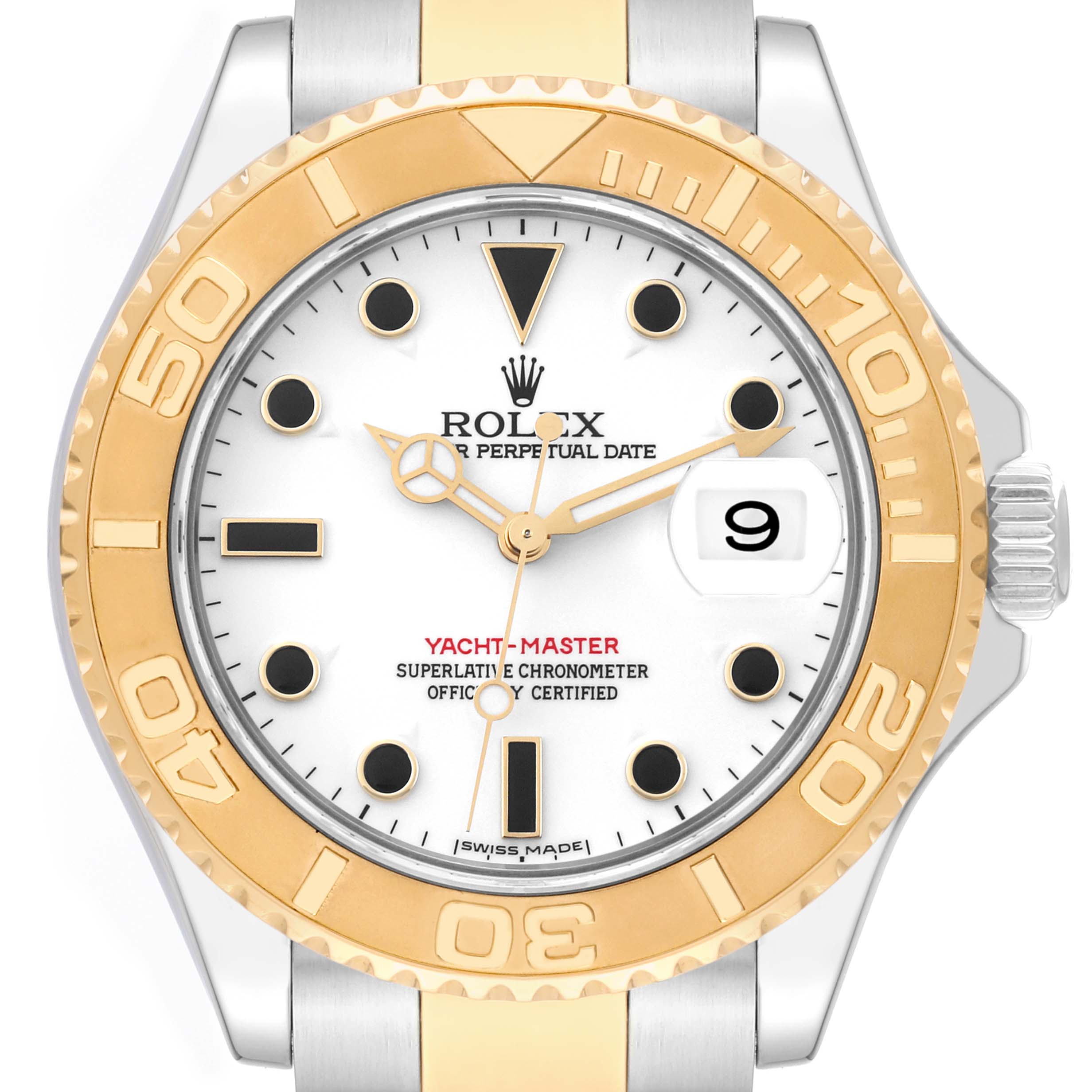 The Rolex Yacht-Master 16623 Men
s Steel and Gold (two tone) White Dial 16623 Men
s Steel and Gold (two tone) White Dial watch is shown from a front angle, highlighting its dial, hands, bezel, date window, and part of the bracelet.