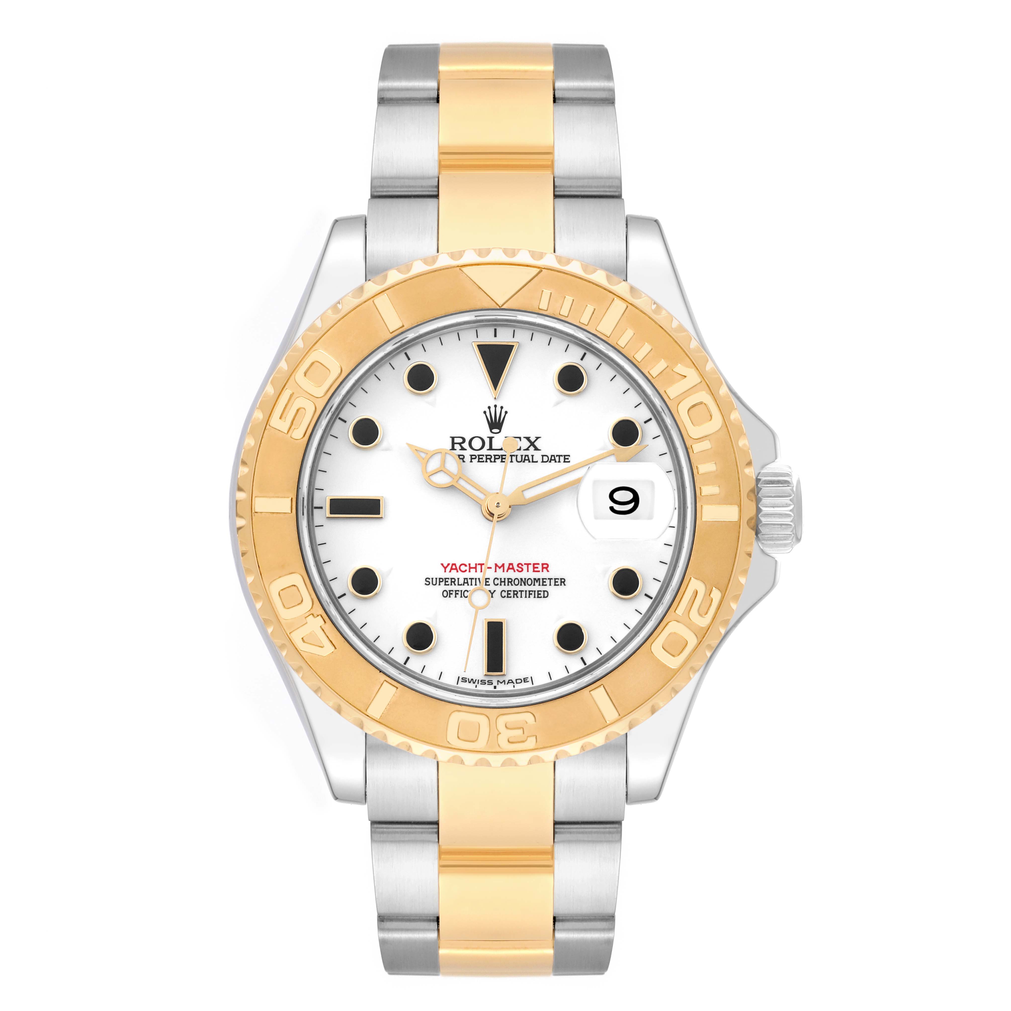 The image shows a front view of a Rolex Yacht-Master 16623 Men
s Steel and Gold (two tone) White Dial 16623 Men
s Steel and Gold (two tone) White Dial watch, highlighting its face, bezel, and two-tone bracelet.