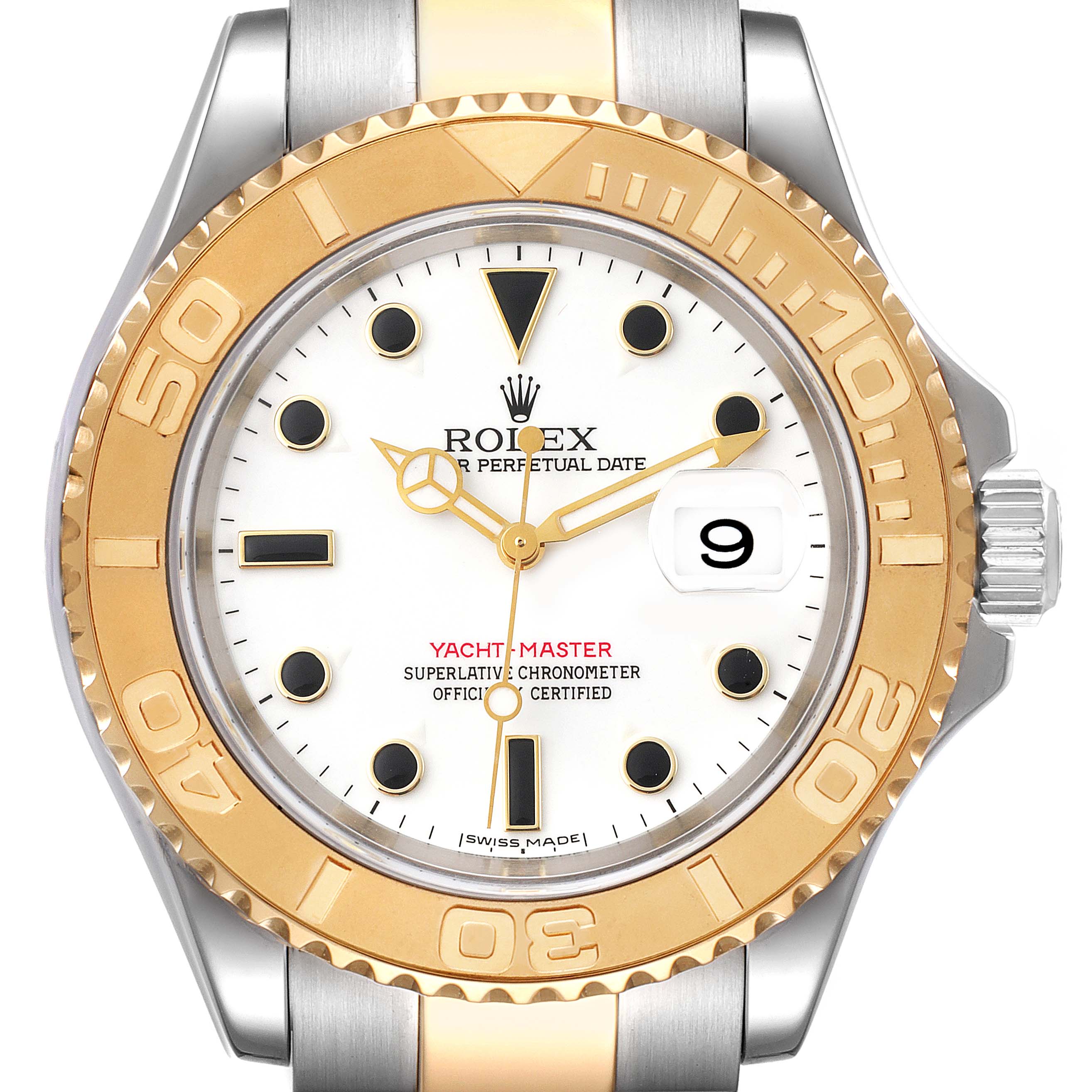 This image shows a front view of the Rolex Yacht-Master 16623 Men
s Steel and Gold (two tone) White Dial 16623 Men
s Steel and Gold (two tone) White Dial watch featuring a two-tone gold and silver bezel and a white dial.