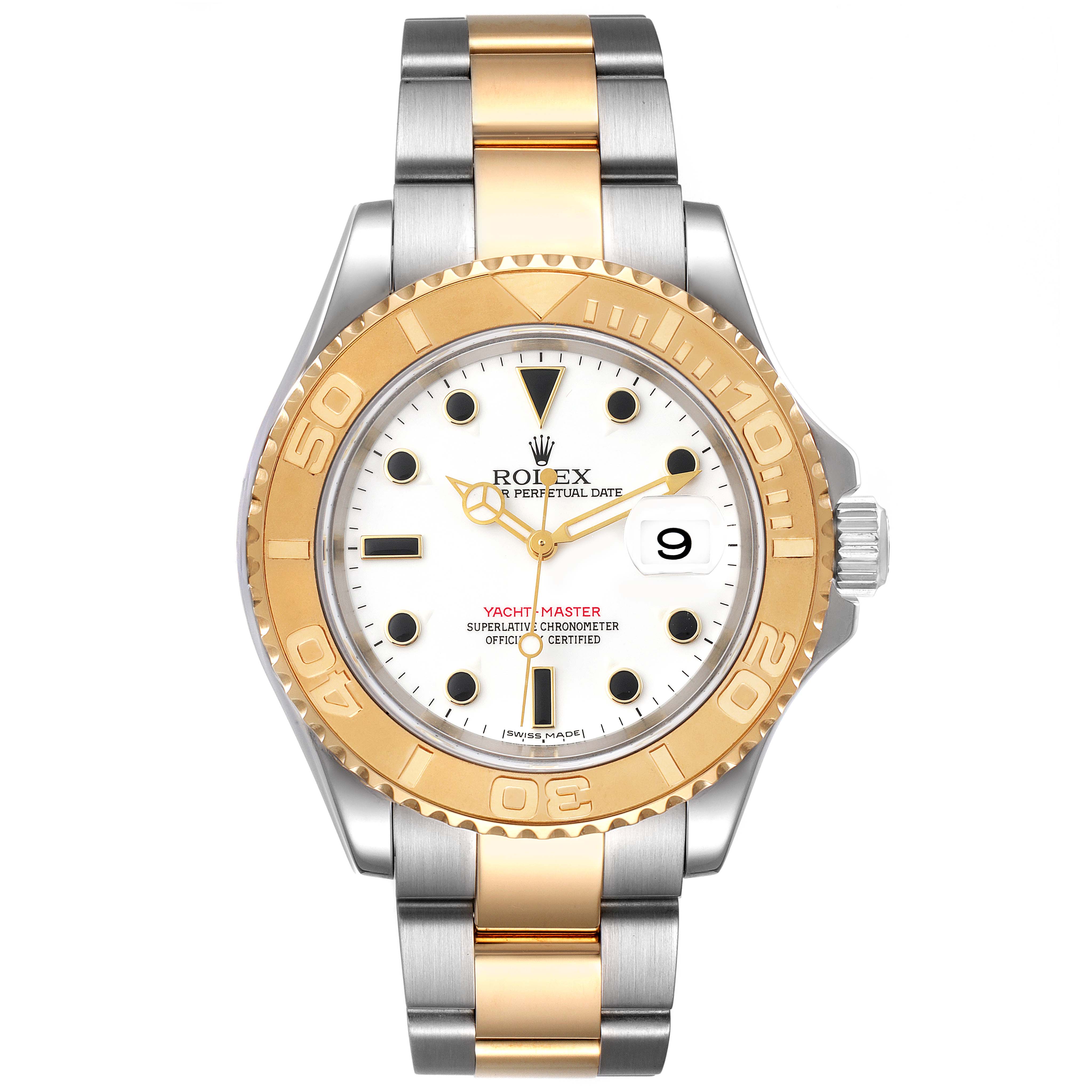 This is a front view of the Rolex Yacht-Master 16623 Men
s Steel and Gold (two tone) White Dial 16623 Men
s Steel and Gold (two tone) White Dial watch showcasing its dial, bezel, and bracelet.