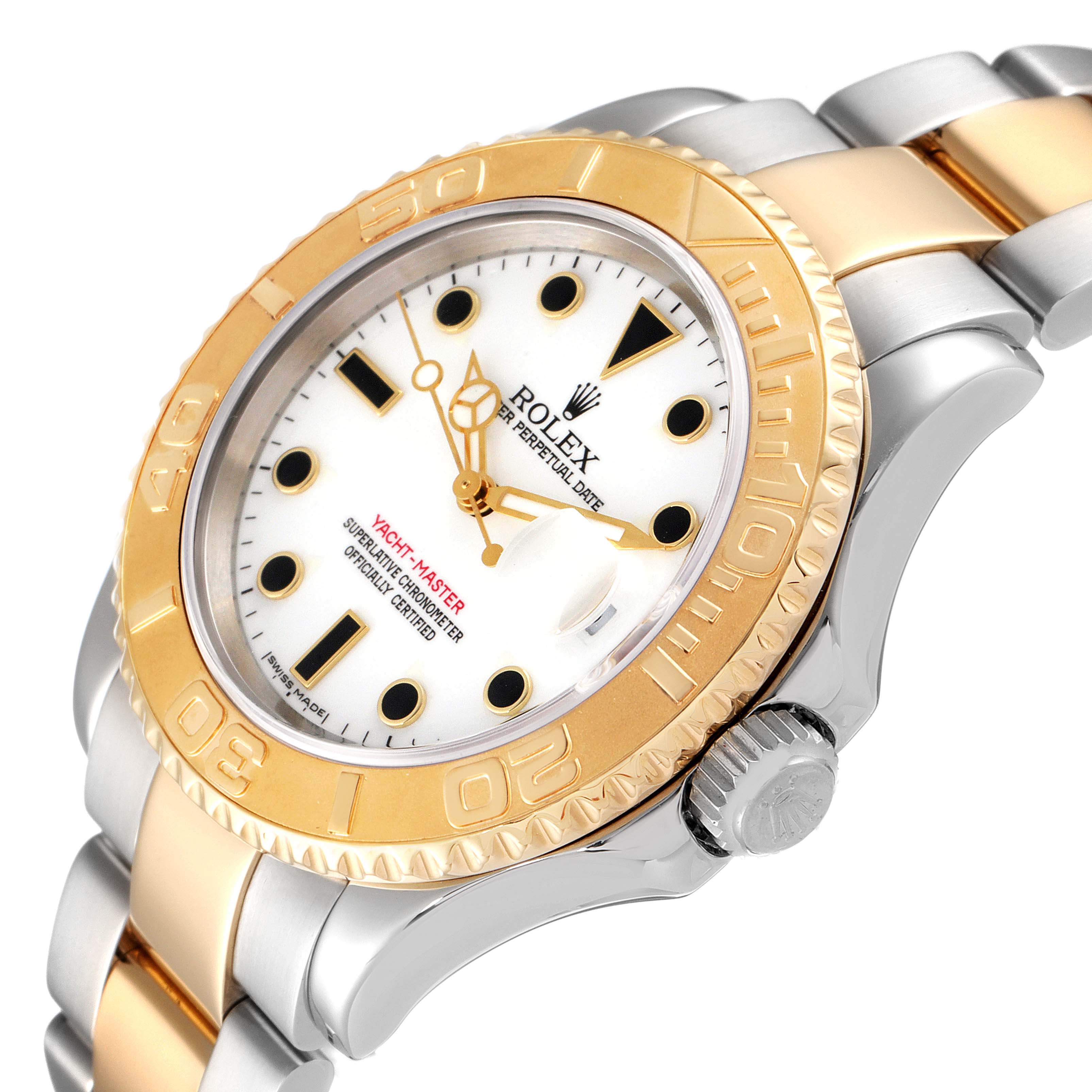The image shows a Rolex Yacht-Master 16623 Men
s Steel and Gold (two tone) White Dial 16623 Men
s Steel and Gold (two tone) White Dial watch at an angle highlighting the dial, bezel, and bracelet.