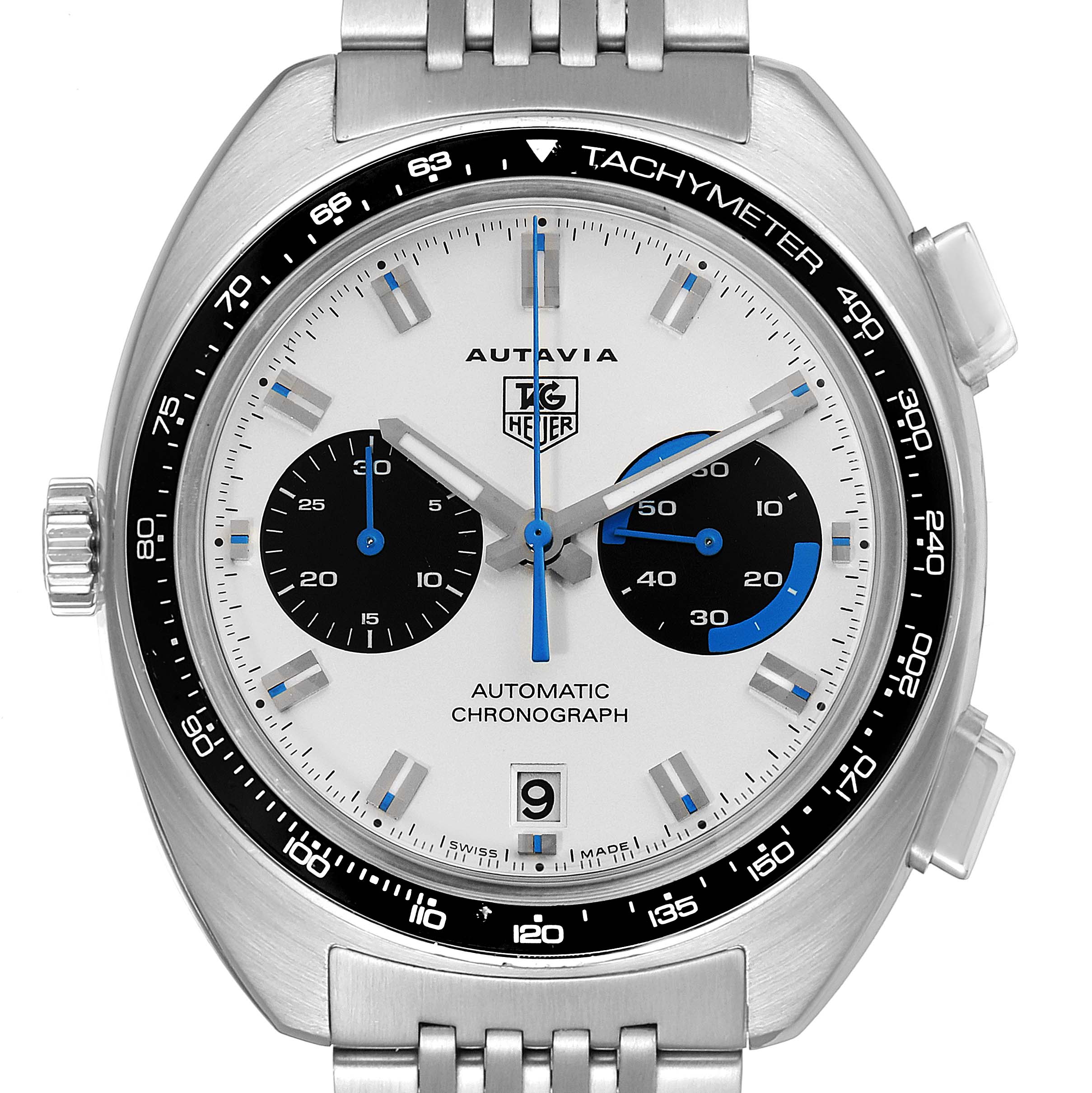 The image shows a front view of the Tag Heuer Autavia CY2110 Men's Stainless Steel White Dial CY2110 Men's Stainless Steel White Dial watch, featuring the dial, bezel, and part of the bracelet.