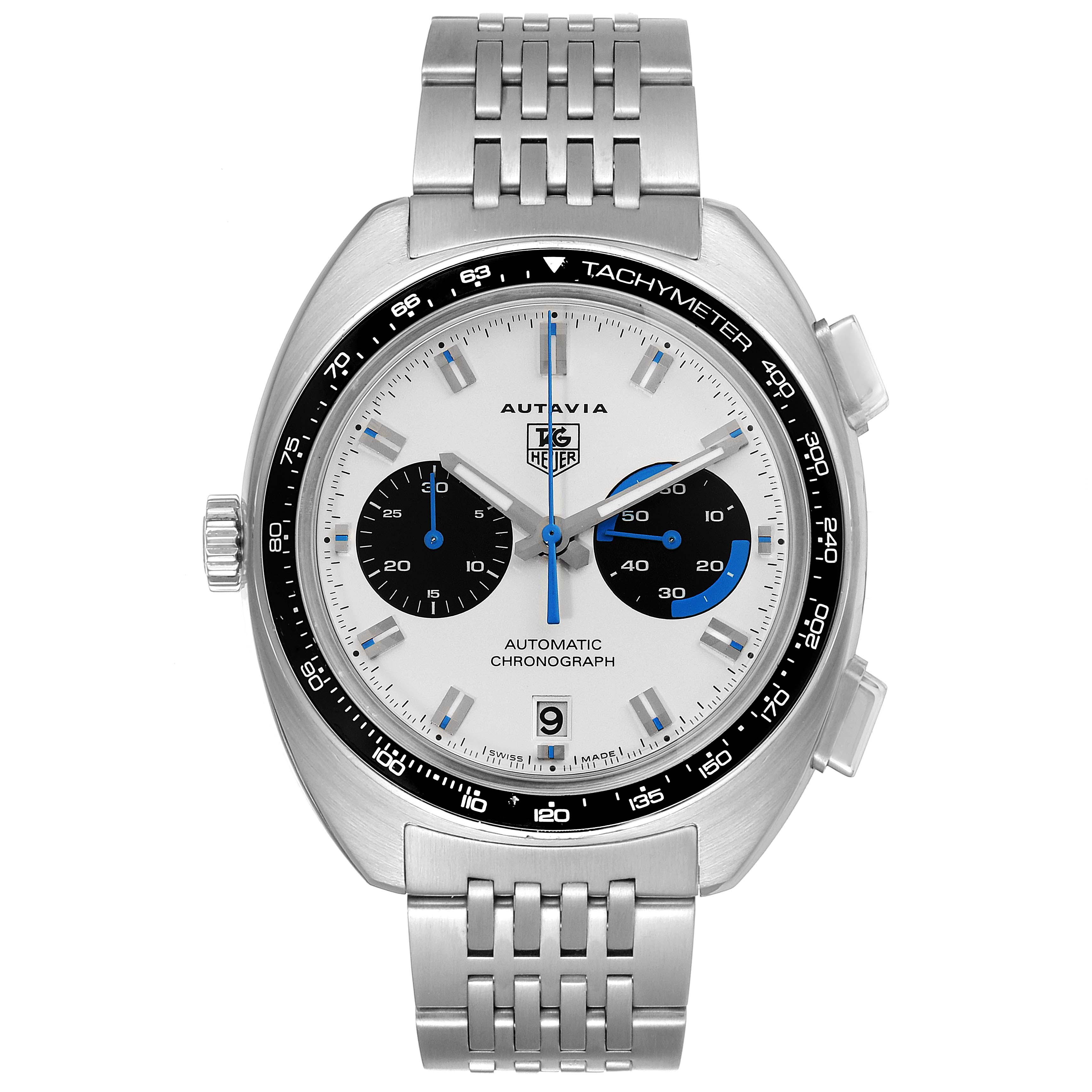 This image shows a front view of the Tag Heuer Autavia CY2110 Men's Stainless Steel White Dial CY2110 Men's Stainless Steel White Dial model, highlighting its dial, bezel, and metal bracelet.
