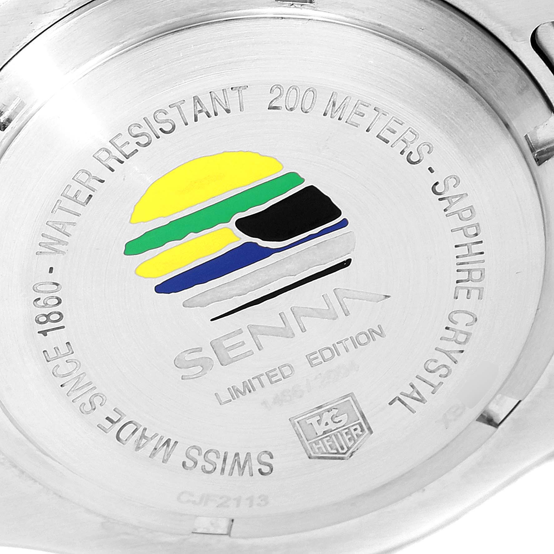 The image displays the case back of a Tag Heuer Link Senna Limited Edition watch.