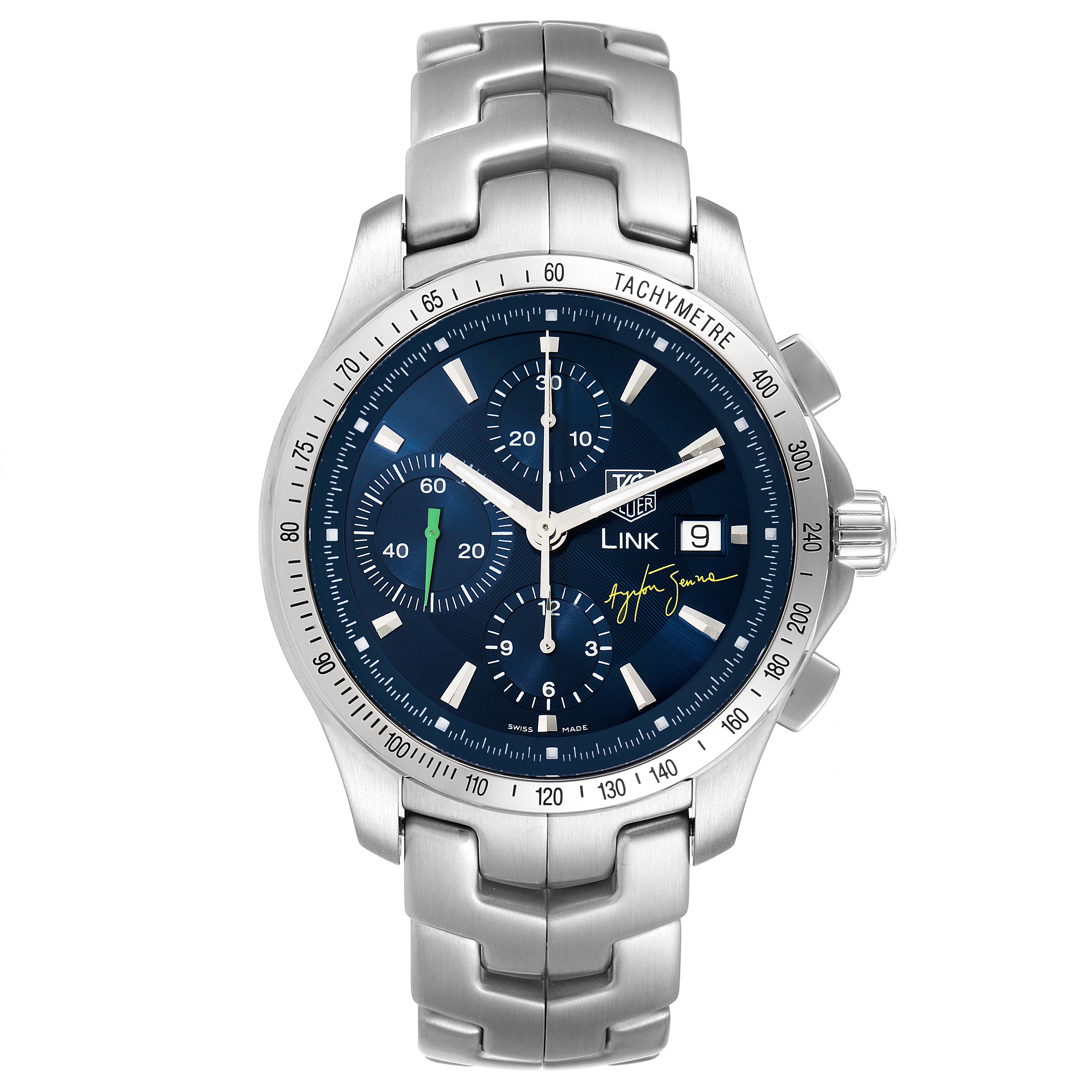 The image shows a front-facing view of a Tag Heuer Link model watch, displaying the dial, bezel, and stainless steel bracelet.