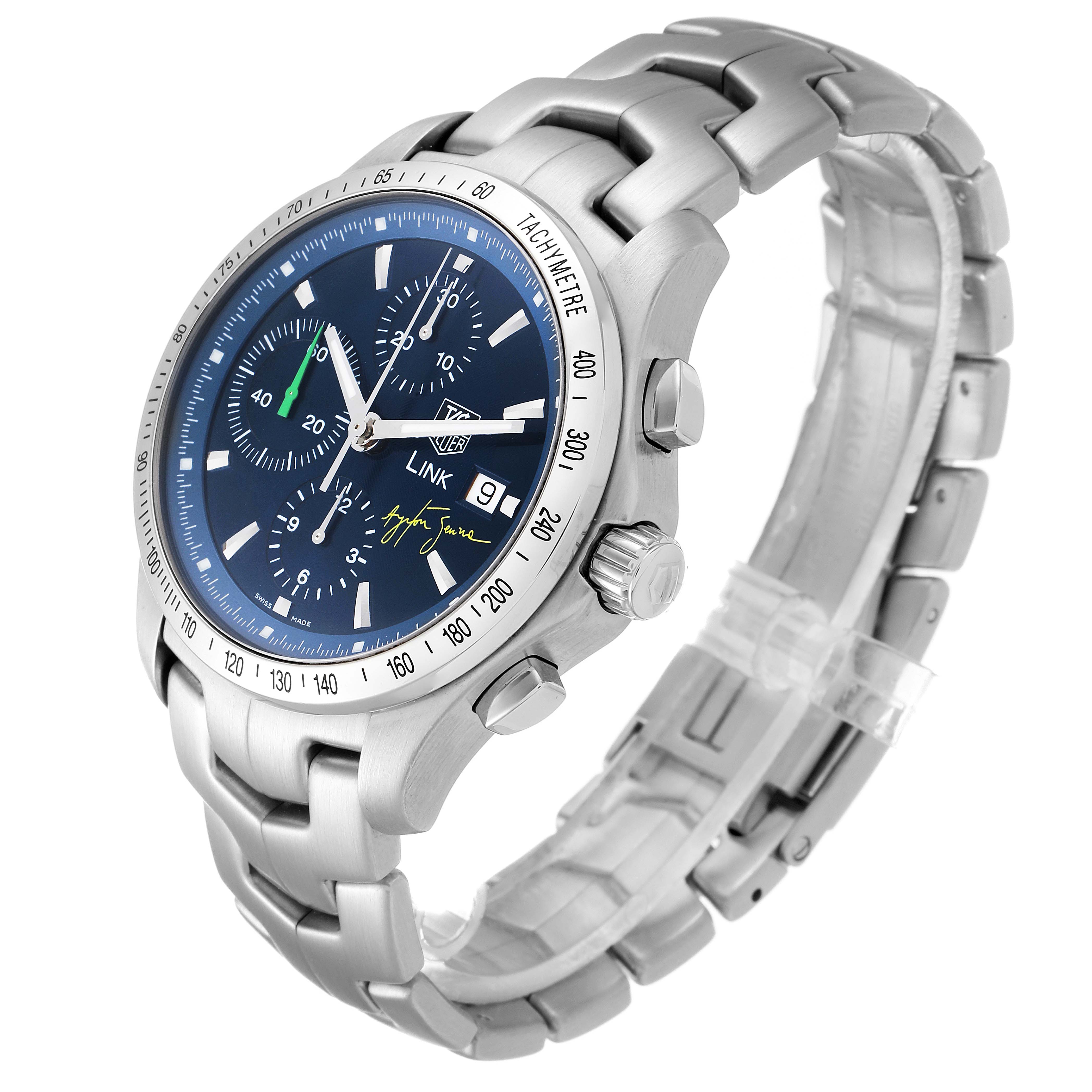 The image shows a Tag Heuer Link model watch, angled to display the dial, bezel, crown, pushers, and part of the bracelet.
