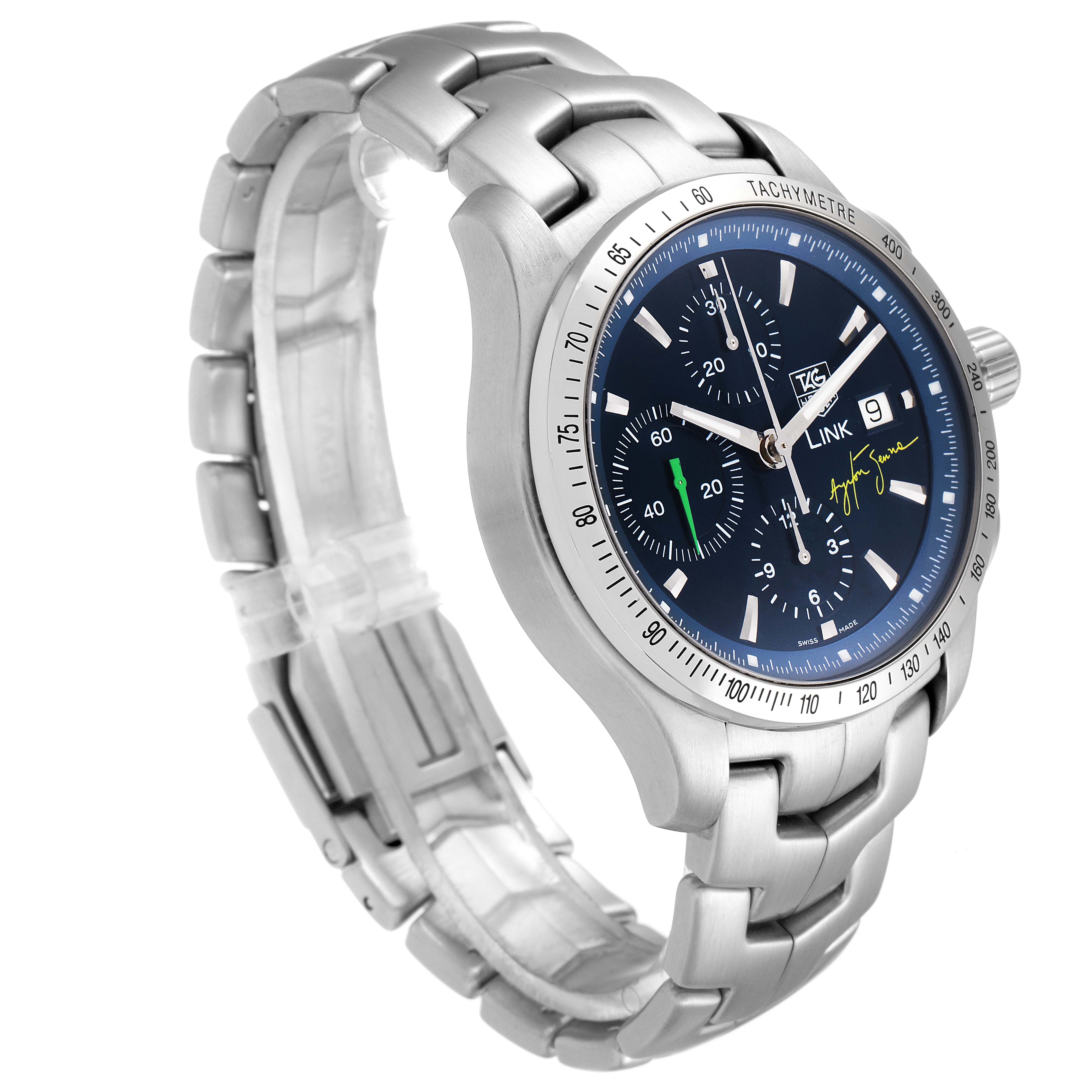 The image shows a Tag Heuer Link watch from an angled side view, displaying its face, bezel, crown, and part of its bracelet.