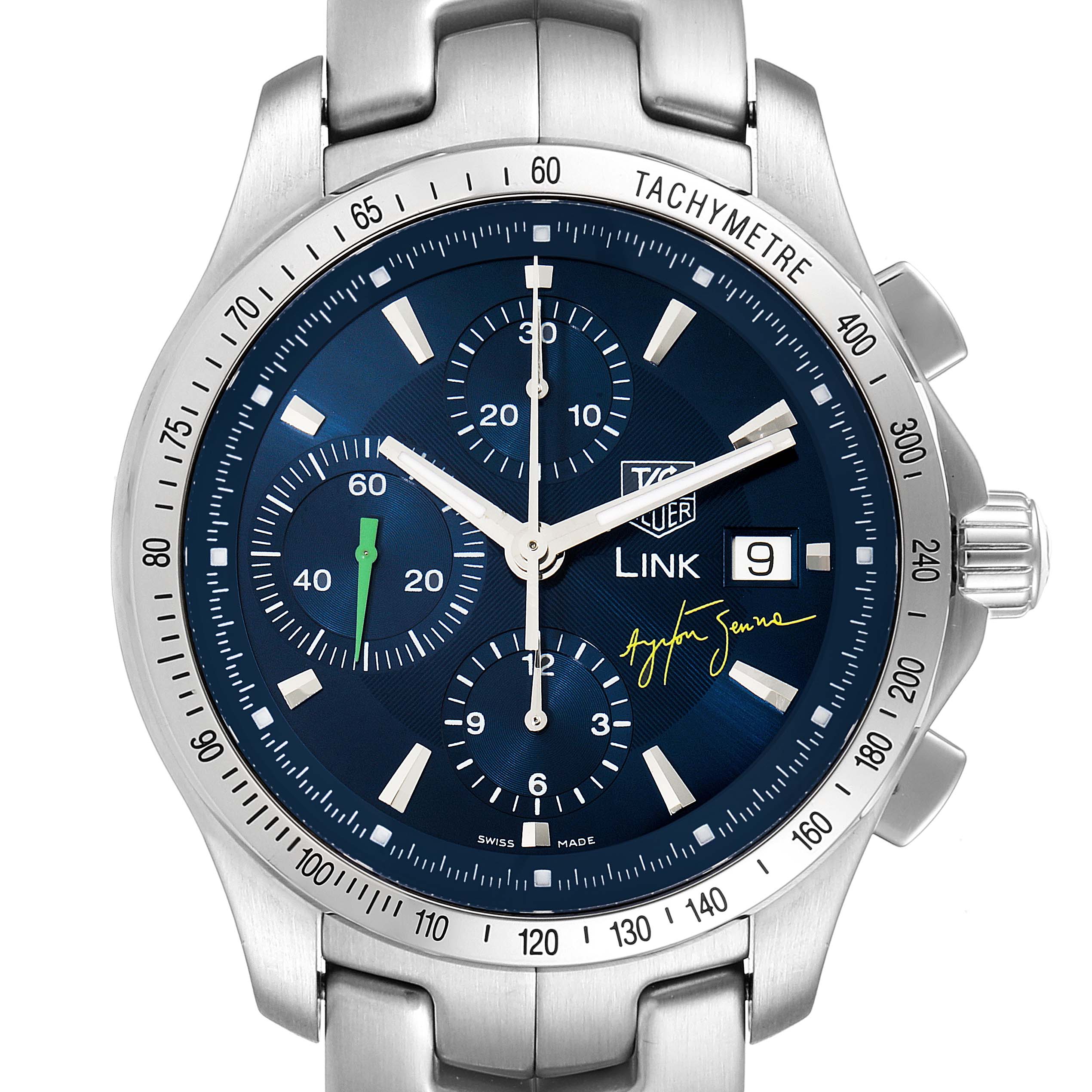 The image shows a frontal view of the Tag Heuer Link Limited Edition watch, displaying its face, bezel, and part of the bracelet.