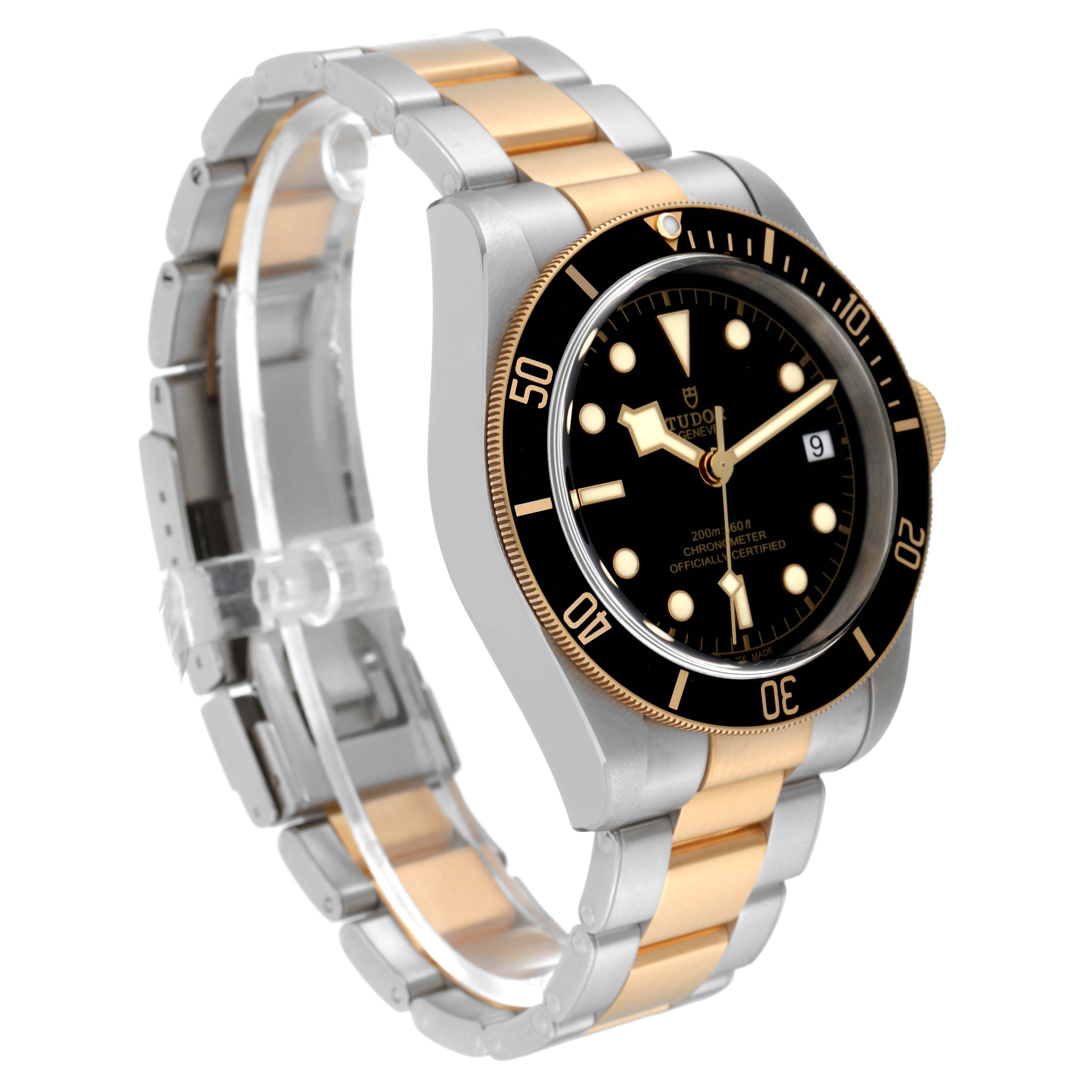 The Tudor Heritage Black Bay 79733N Men's Steel and Gold (two tone) Black Dial 79733N Men's Steel and Gold (two tone) Black Dial watch is shown from a three-quarter angle displaying its bezel, dial, and two-tone bracelet.