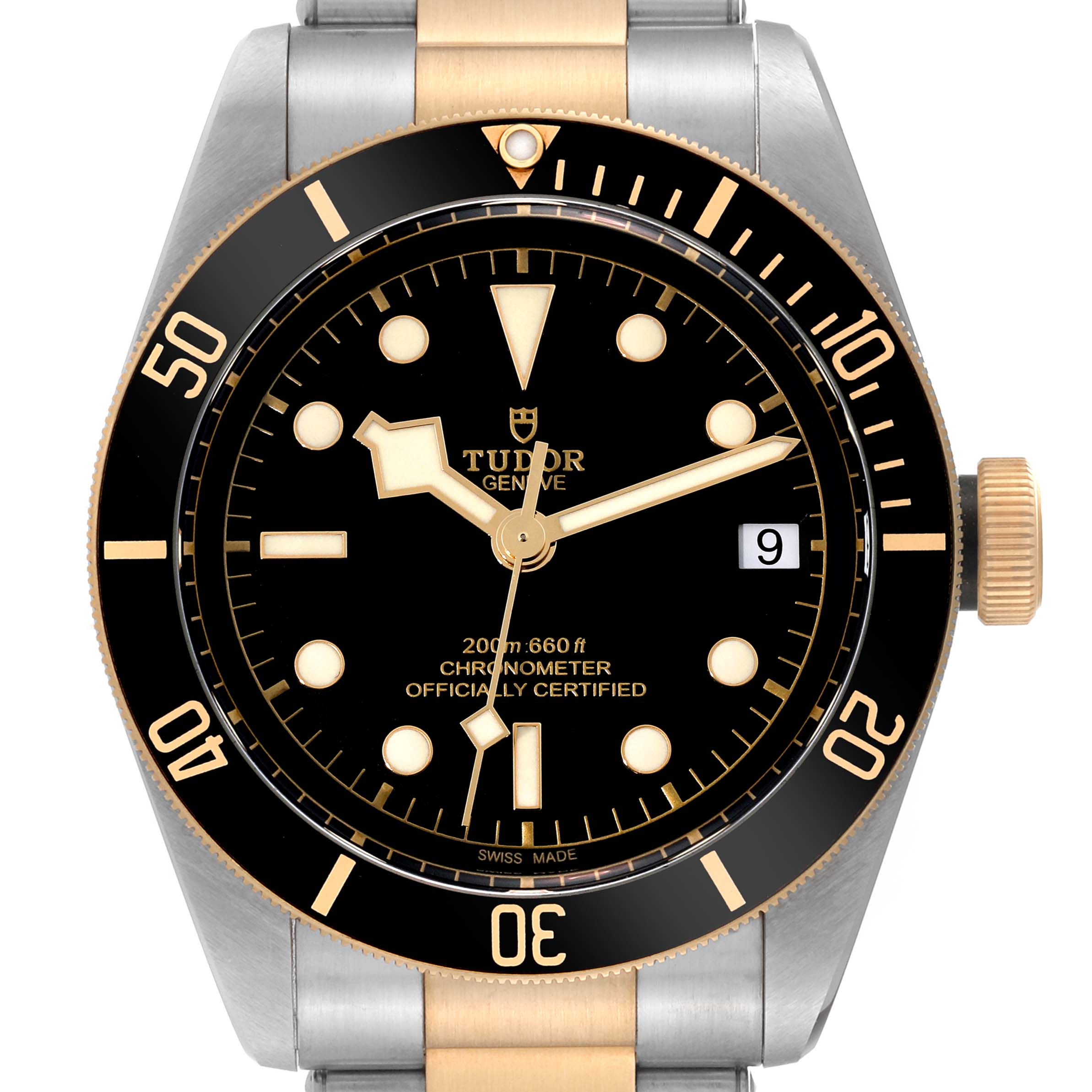 The image shows a front view of the Tudor Heritage Black Bay 79733N Men's Steel and Gold (two tone) Black Dial 79733N Men's Steel and Gold (two tone) Black Dial watch, highlighting the bezel, face, hands, date window, and part of the bracelet.