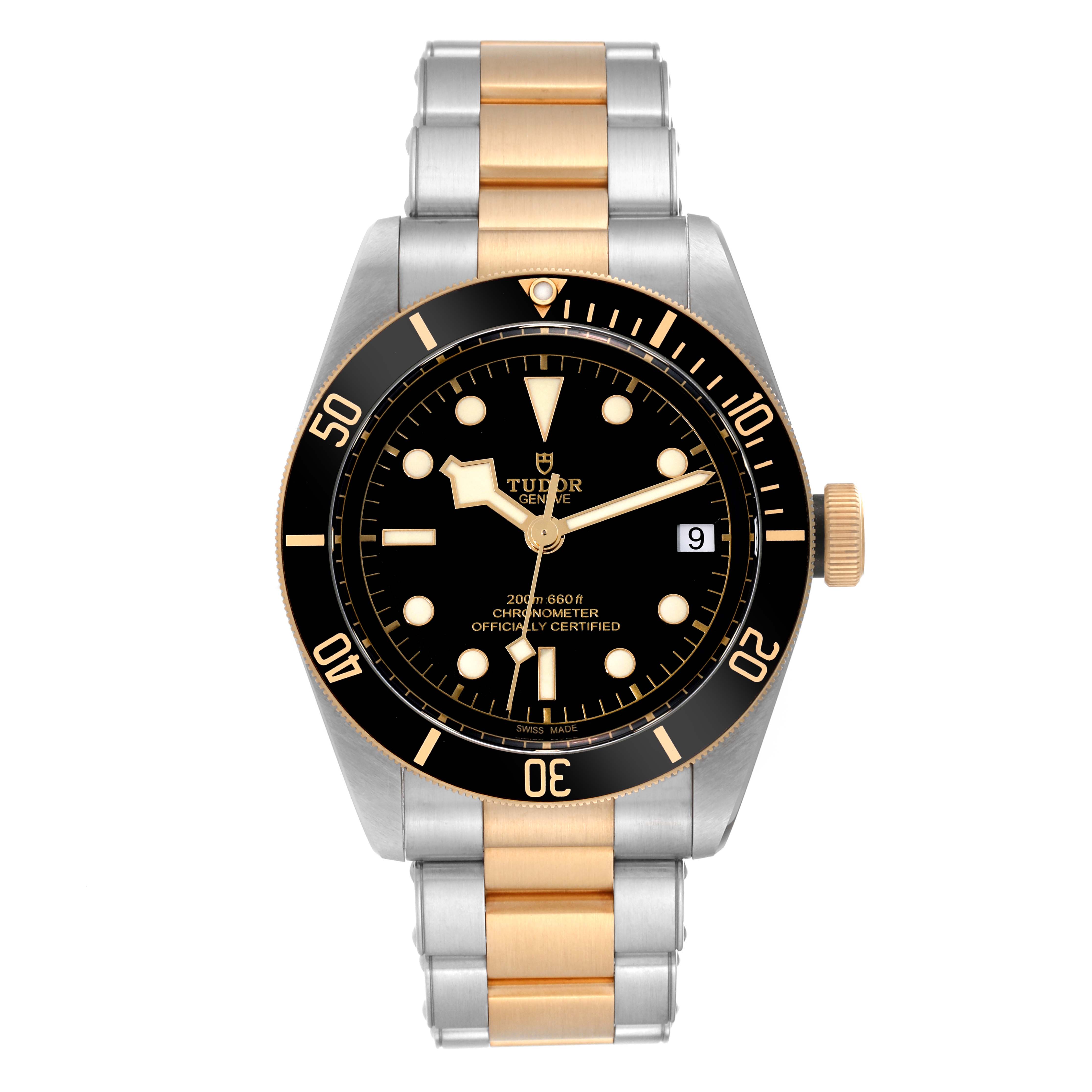 This image shows a Tudor Heritage Black Bay 79733N Men's Steel and Gold (two tone) Black Dial 79733N Men's Steel and Gold (two tone) Black Dial watch with a black dial and two-tone bracelet, viewed from the front.
