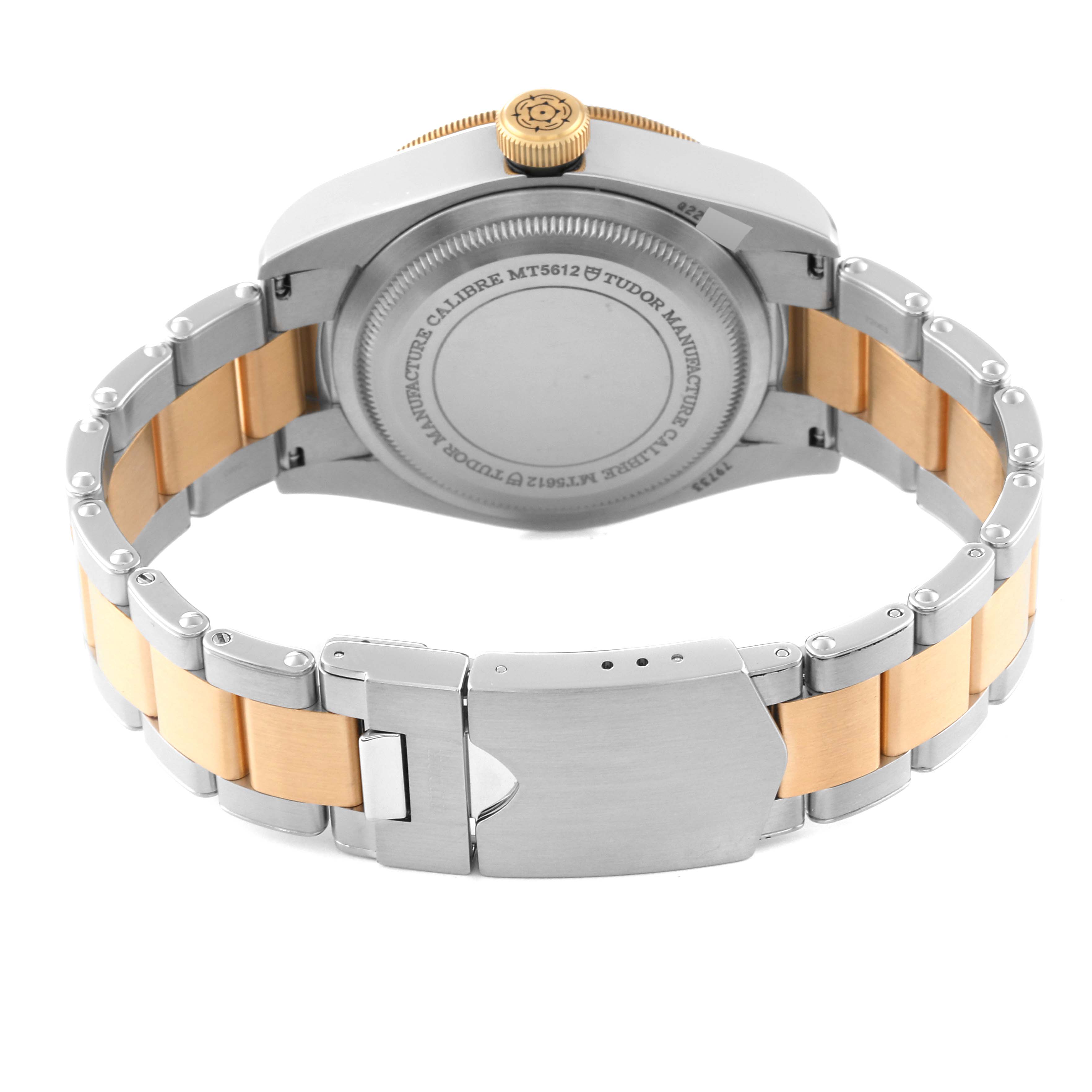 The image shows the back of a Tudor Heritage Black Bay 79733N Men's Steel and Gold (two tone) Black Dial 79733N Men's Steel and Gold (two tone) Black Dial watch, highlighting the case back, crown, and two-tone bracelet with a clasp.