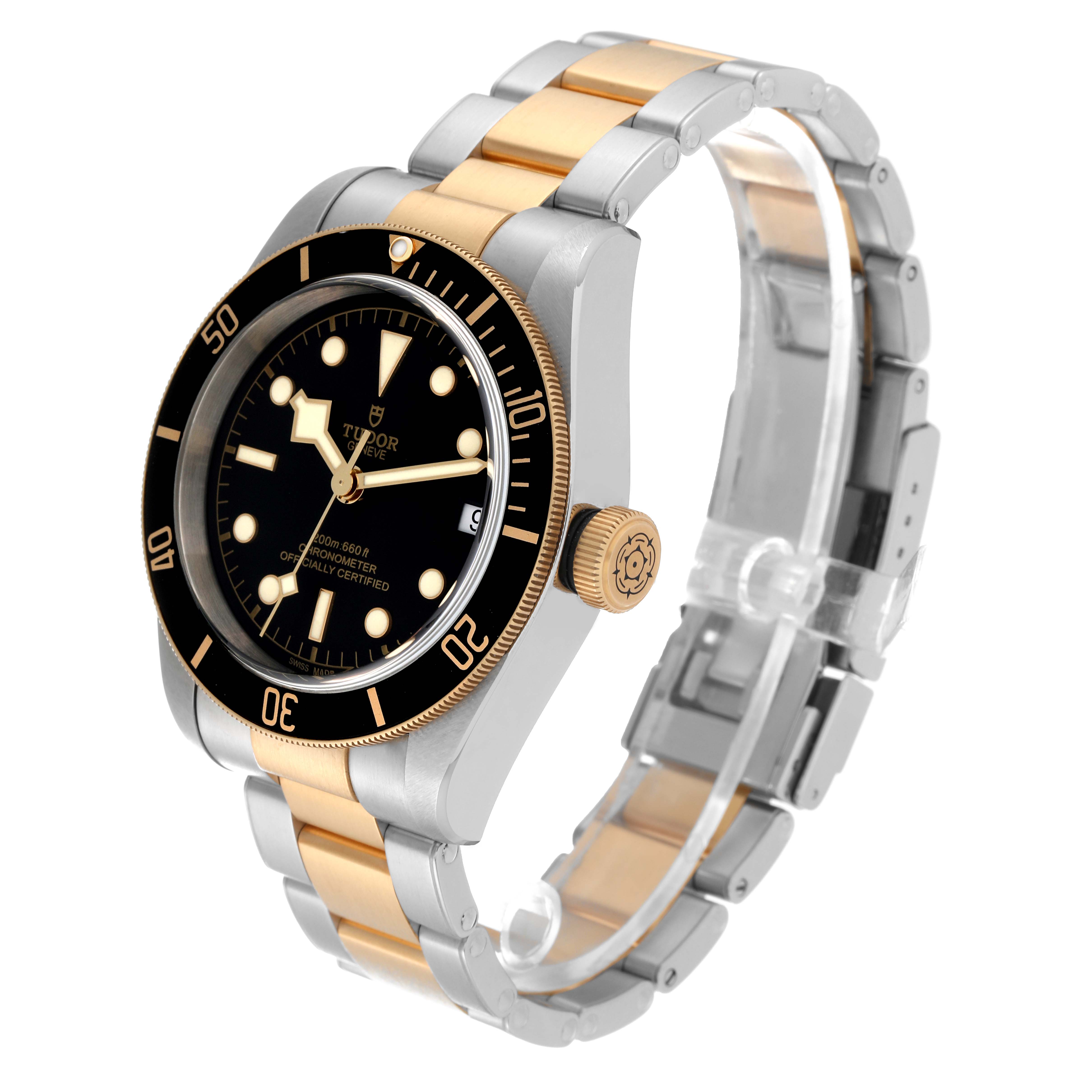 This image shows a side view of the Tudor Heritage Black Bay 79733N Men's Steel and Gold (two tone) Black Dial 79733N Men's Steel and Gold (two tone) Black Dial watch, highlighting its bezel, dial, crown, and two-tone bracelet.