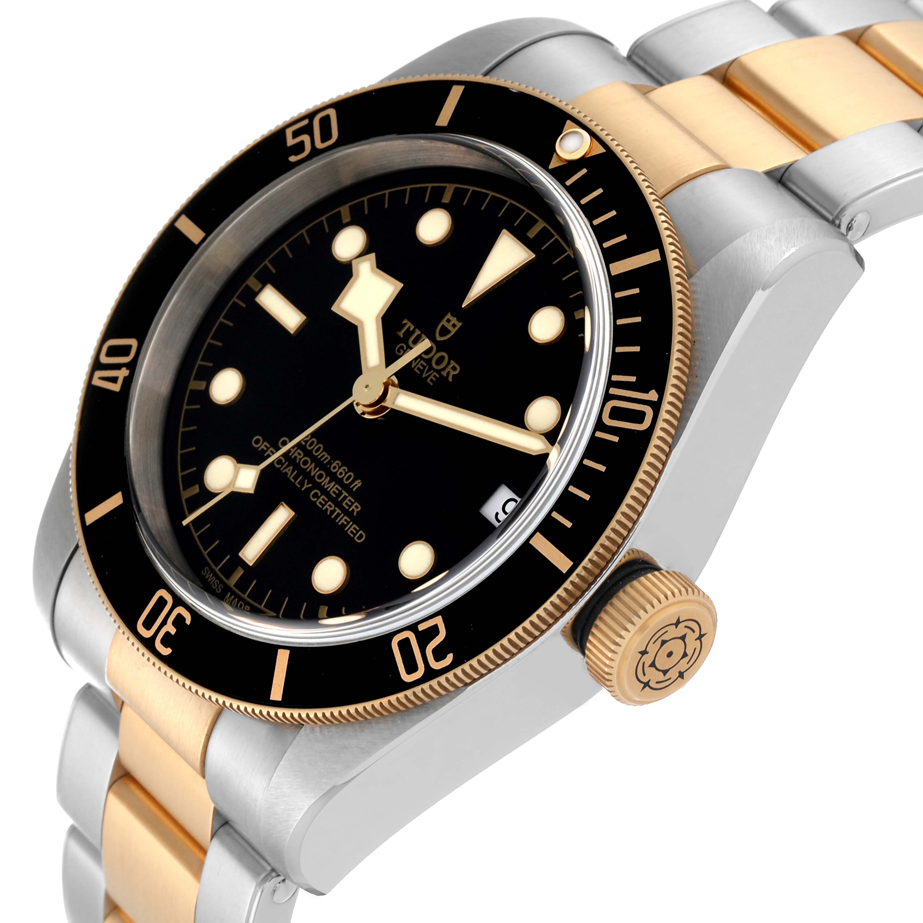 The image shows a close-up angle of the Tudor Heritage Black Bay 79733N Men's Steel and Gold (two tone) Black Dial 79733N Men's Steel and Gold (two tone) Black Dial watch, highlighting the bezel, dial, hands, crown, and bracelet.