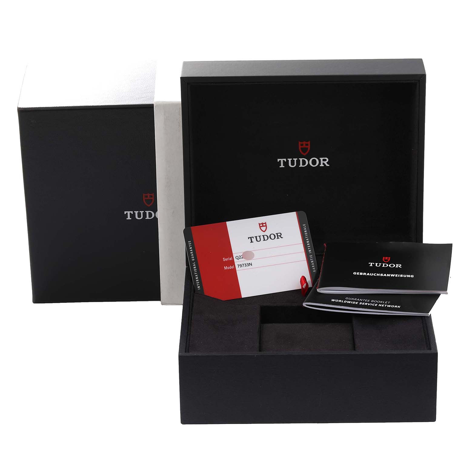 The image shows the box, warranty card, and manuals for the Tudor Heritage Black Bay 79733N Men's Steel and Gold (two tone) Black Dial 79733N Men's Steel and Gold (two tone) Black Dial model watch.
