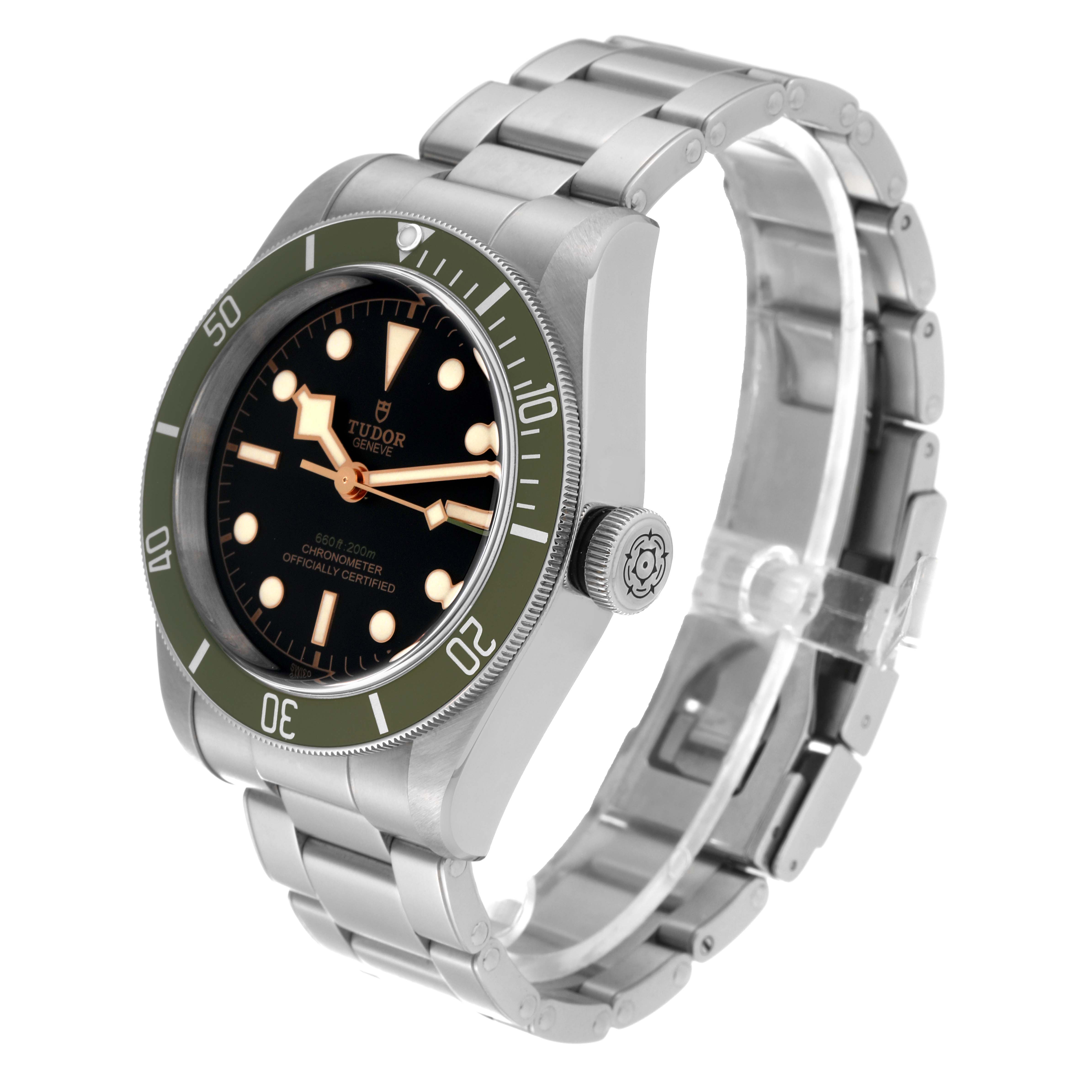 The image shows a side angle view of the Tudor Heritage Black Bay 79230G Men
s Stainless Steel Black Dial 79230G Men
s Stainless Steel Black Dial watch, depicting the bezel, dial, crown, and bracelet.