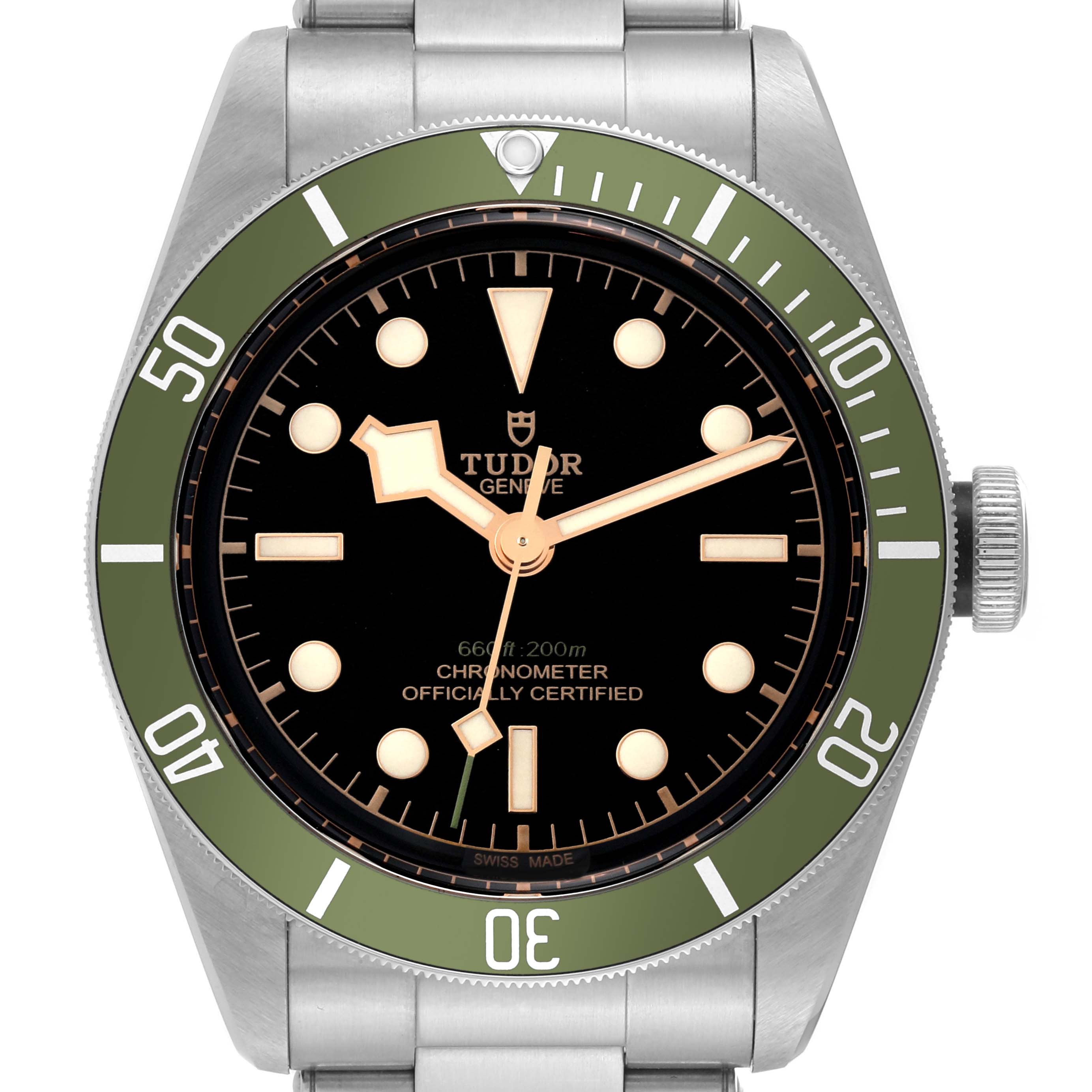 The image shows a front view of the Tudor Heritage Black Bay 79230G Men
s Stainless Steel Black Dial 79230G Men
s Stainless Steel Black Dial watch, highlighting its black dial, green bezel, and stainless steel bracelet.