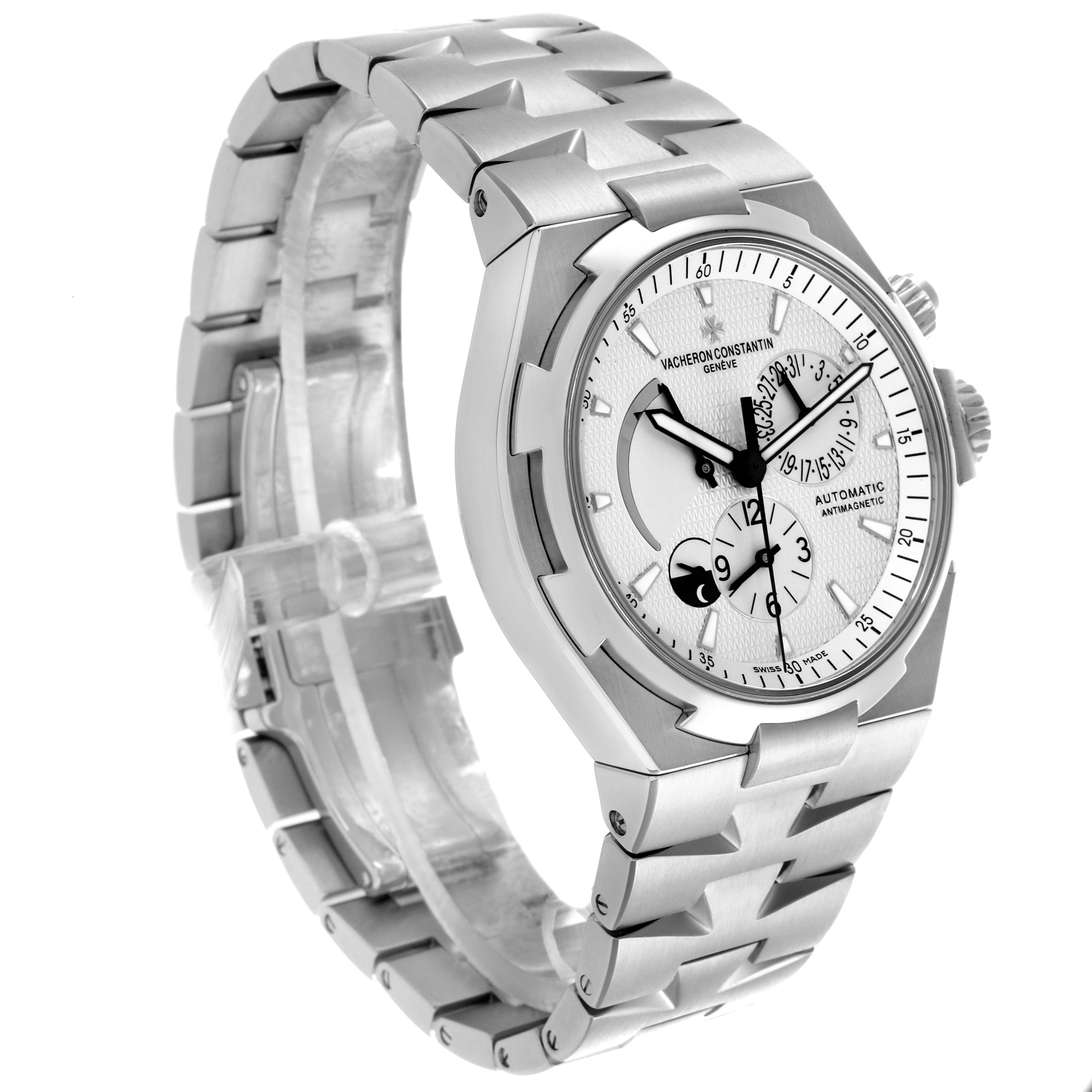 The Vacheron Constantin Overseas 47450/B01A-9226 Men's Stainless Steel Silver Dial 47450/B01A-9226 Men's Stainless Steel Silver Dial watch is shown at a front angle, highlighting its face, dial, case, and bracelet.