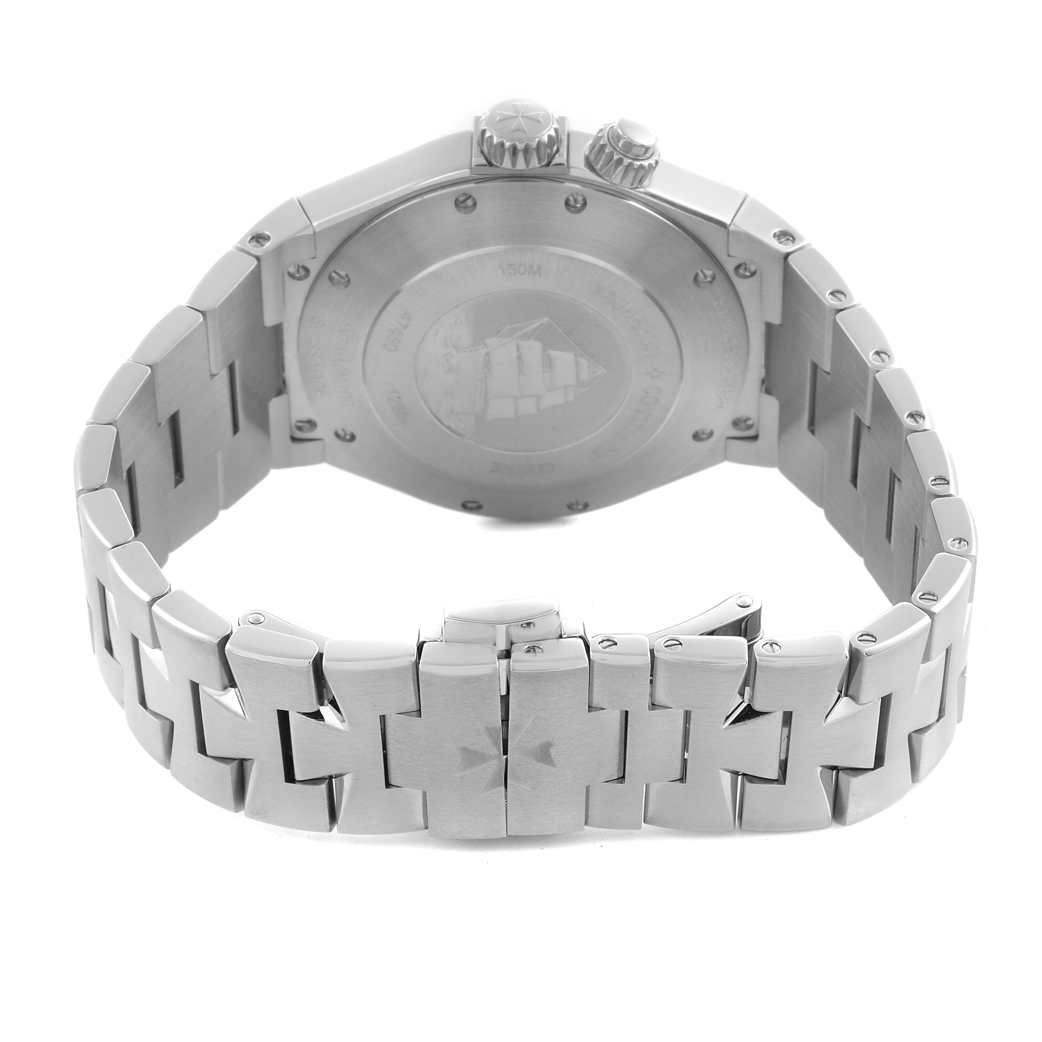 The image shows the back and bracelet of the Vacheron Constantin Overseas 47450/B01A-9226 Men's Stainless Steel Silver Dial 47450/B01A-9226 Men's Stainless Steel Silver Dial watch, highlighting the case back and metal links.