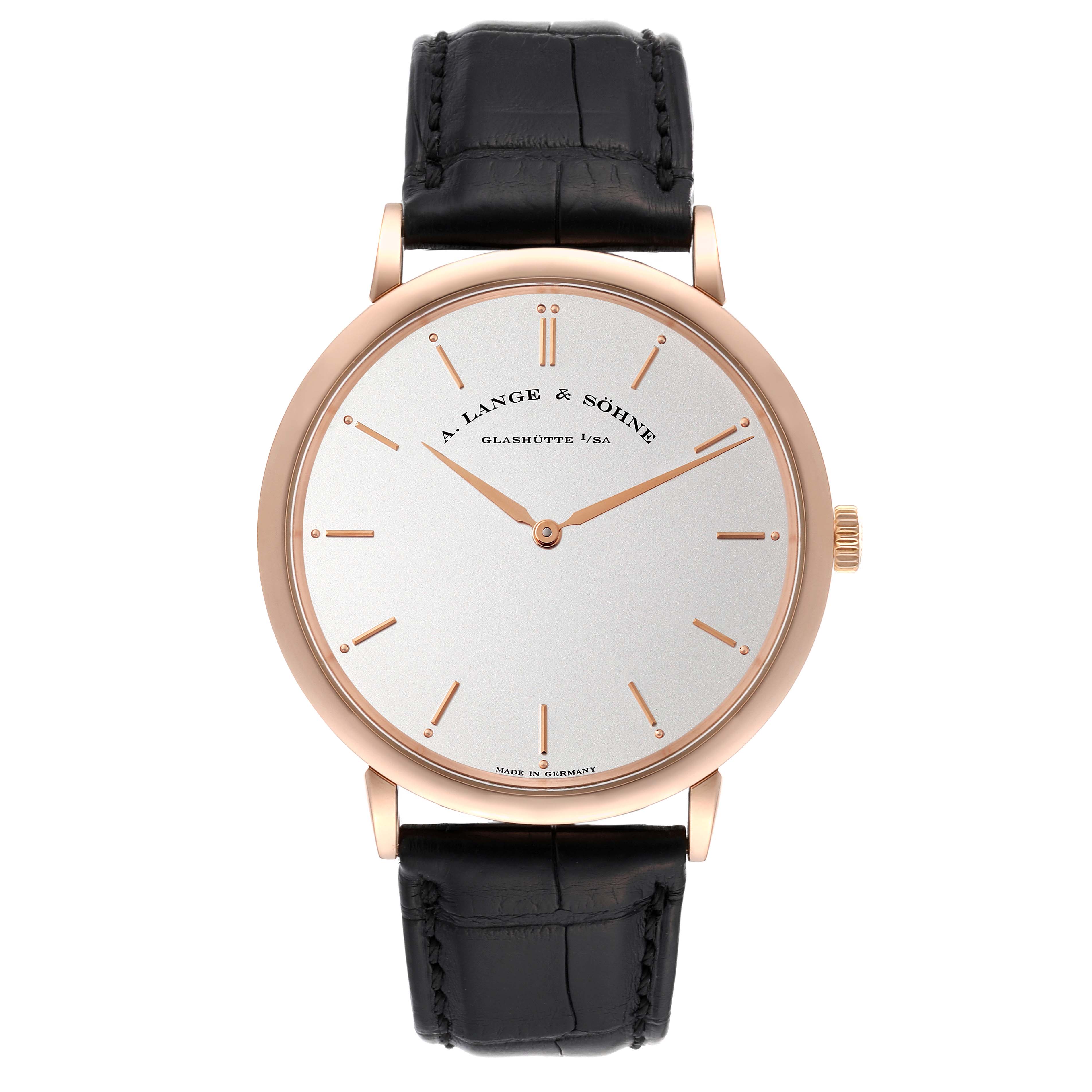 This image displays a top-front view of the A. Lange 
Sohne Saxonia 211.032 Men
s Rose Gold Silver Dial watch, highlighting its dial, hands, case, and strap.