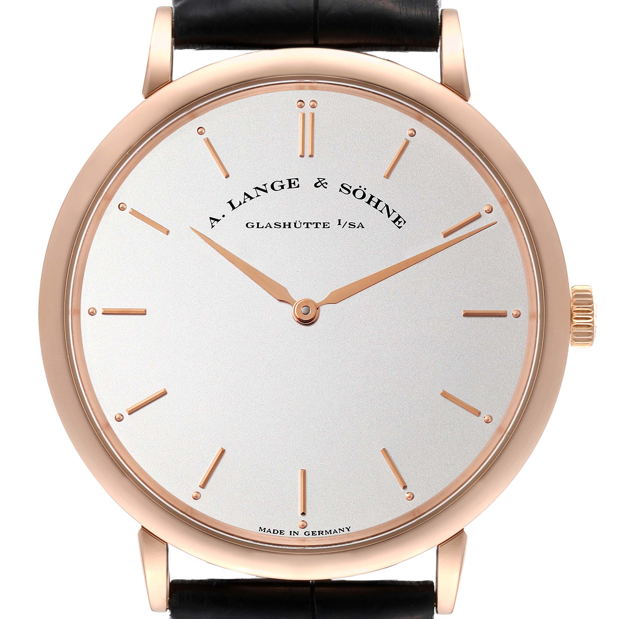 The A. Lange 
Sohne Saxonia 211.032 Men
s Rose Gold Silver Dial watch is shown from the front, highlighting the dial, hour markers, hands, and part of the strap.
