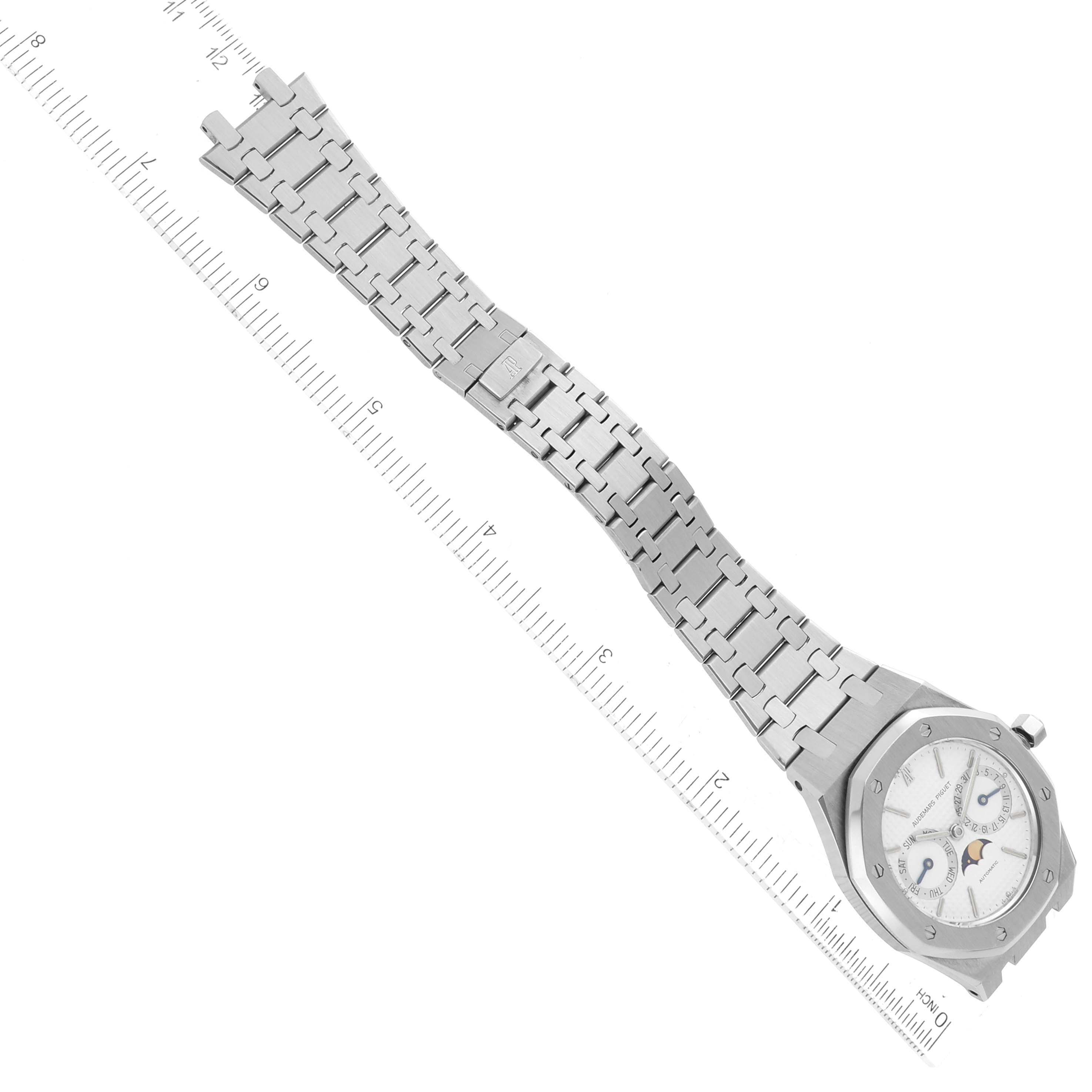 The image shows an Audemars Piguet Royal Oak 25594ST.OO.0789ST.05 Men's Stainless Steel White Dial 25594ST.OO.0789ST.05 Men's Stainless Steel White Dial watch laid flat, showcasing its dial, case, and full stainless steel bracelet.