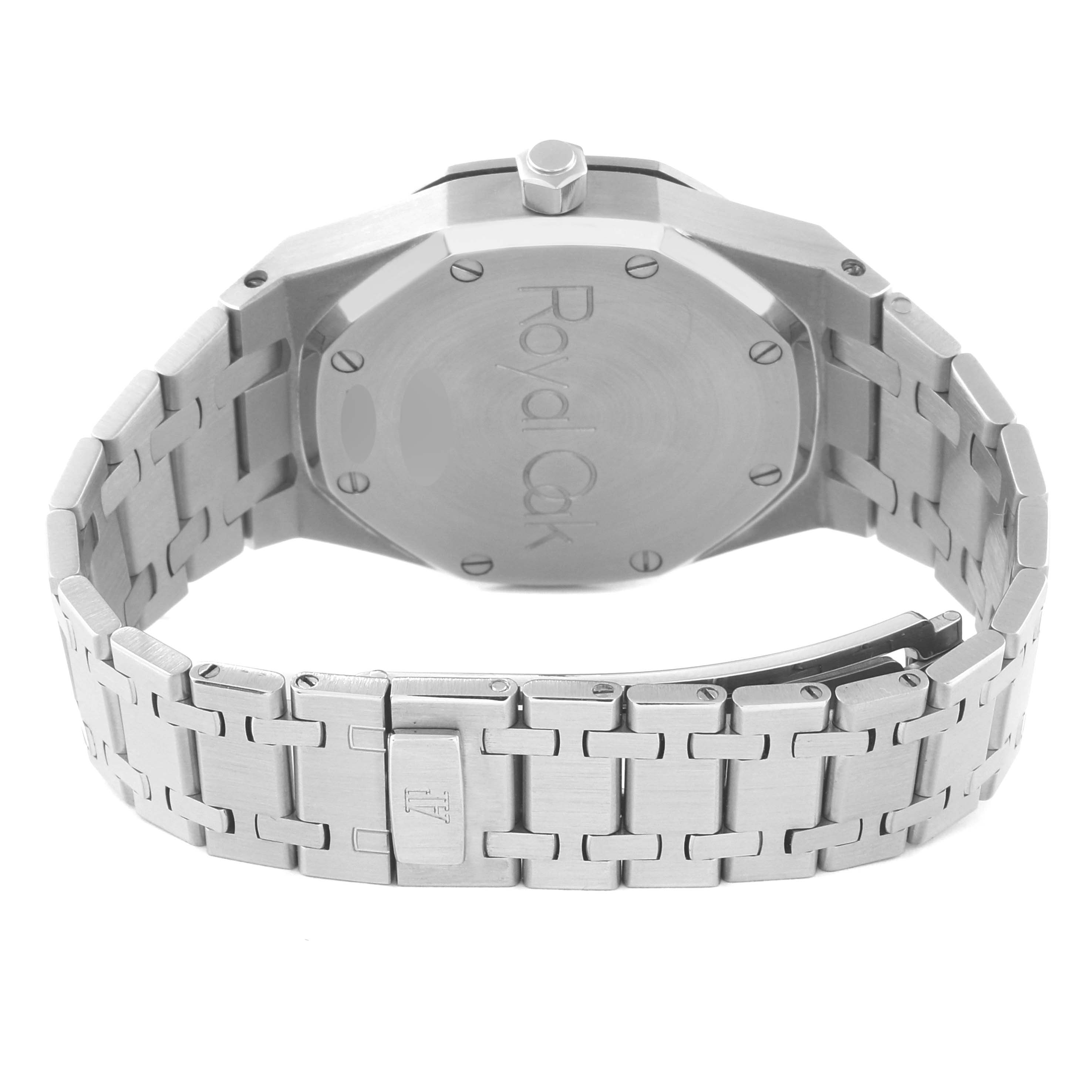 The image shows the back view of an Audemars Piguet Royal Oak 25594ST.OO.0789ST.05 Men's Stainless Steel White Dial 25594ST.OO.0789ST.05 Men's Stainless Steel White Dial watch, highlighting its bracelet and case back.