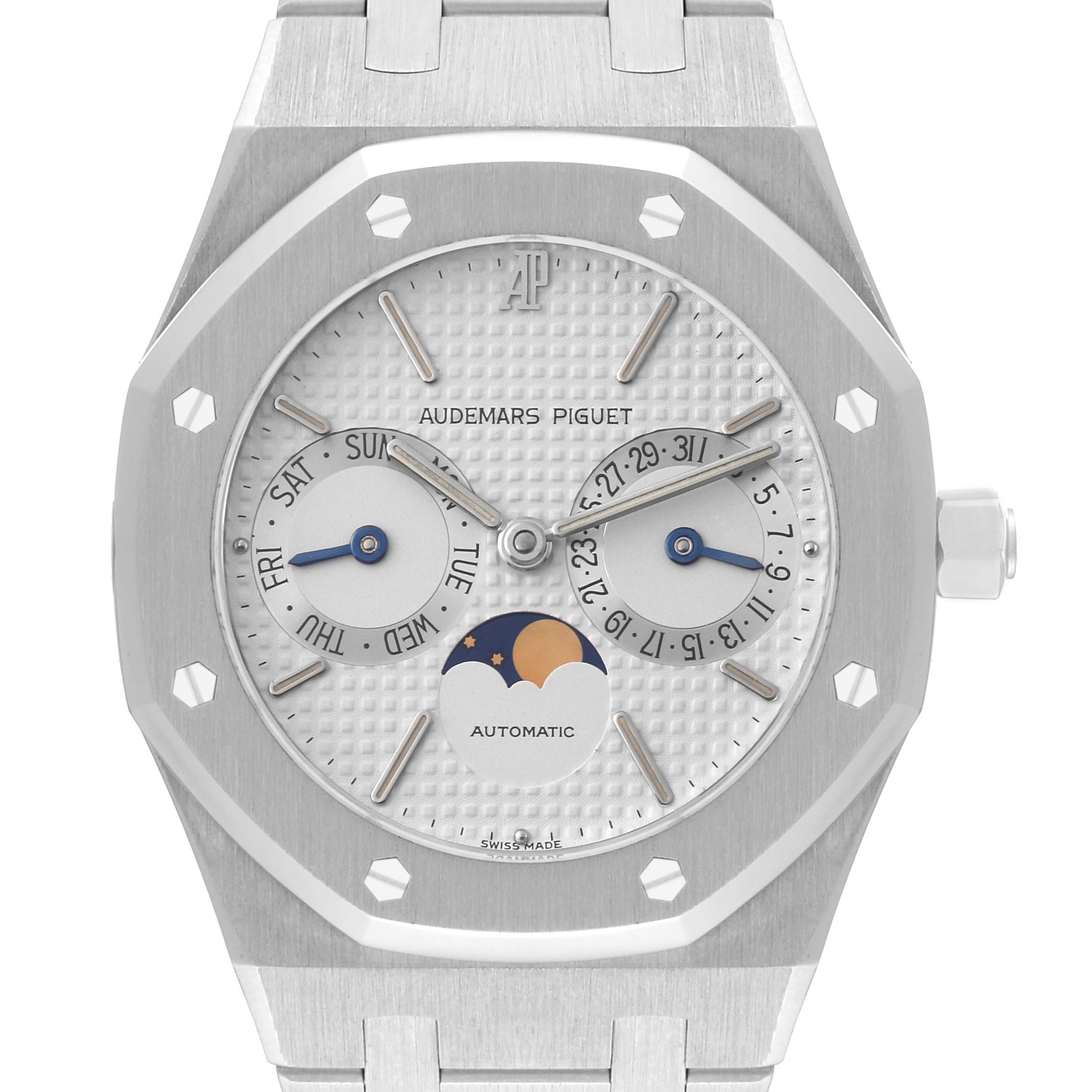 This image shows a front view of the dial of an Audemars Piguet Royal Oak 25594ST.OO.0789ST.05 Men's Stainless Steel White Dial 25594ST.OO.0789ST.05 Men's Stainless Steel White Dial watch, displaying day, date, and moon phase indicators.
