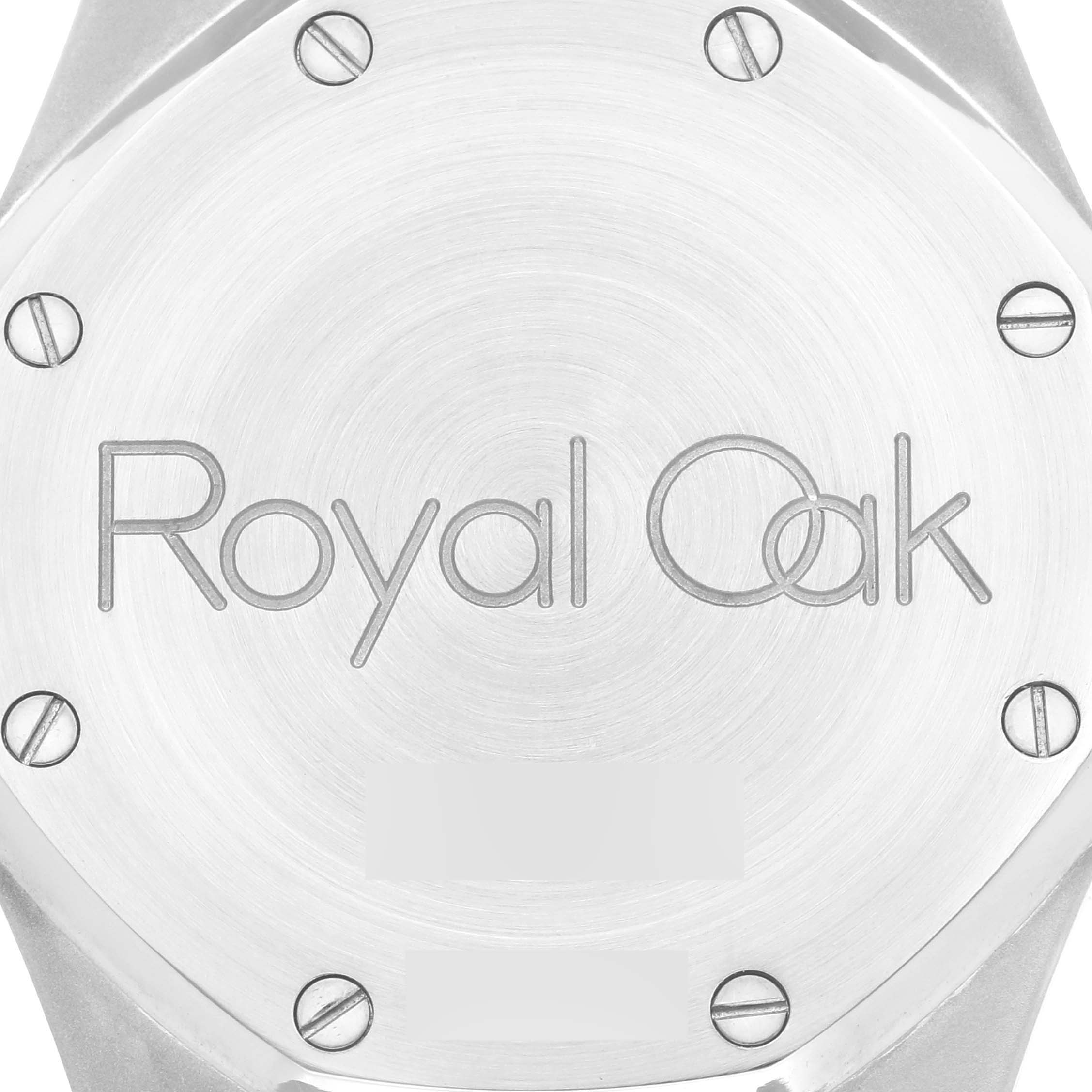 The image shows the back case of an Audemars Piguet Royal Oak 25594ST.OO.0789ST.05 Men's Stainless Steel White Dial 25594ST.OO.0789ST.05 Men's Stainless Steel White Dial watch with visible screws and logo engraving.