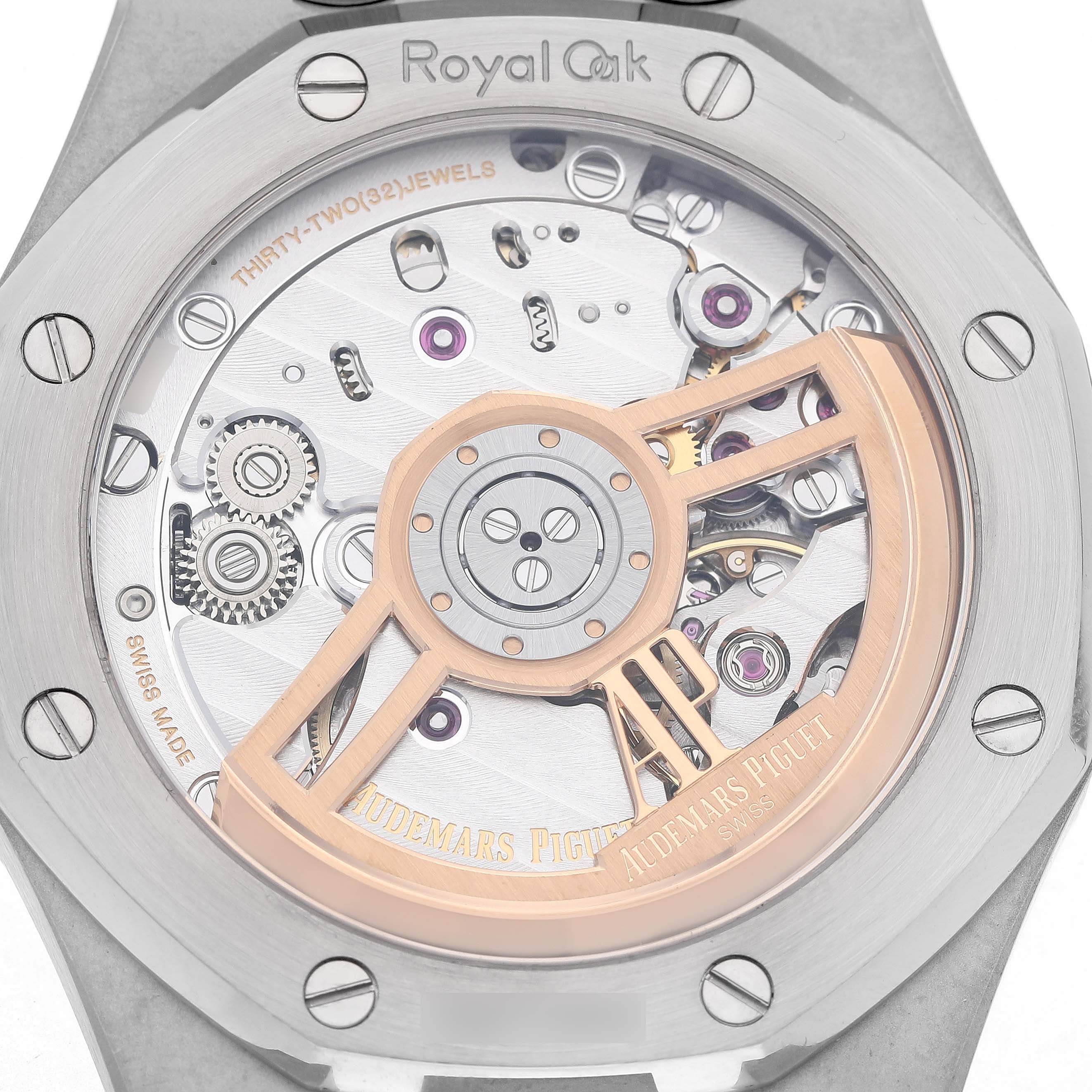 The image displays the back case of the Audemars Piguet Royal Oak 15500ST Men's Stainless Steel Silver Dial, showing intricate movement details and the rotor.