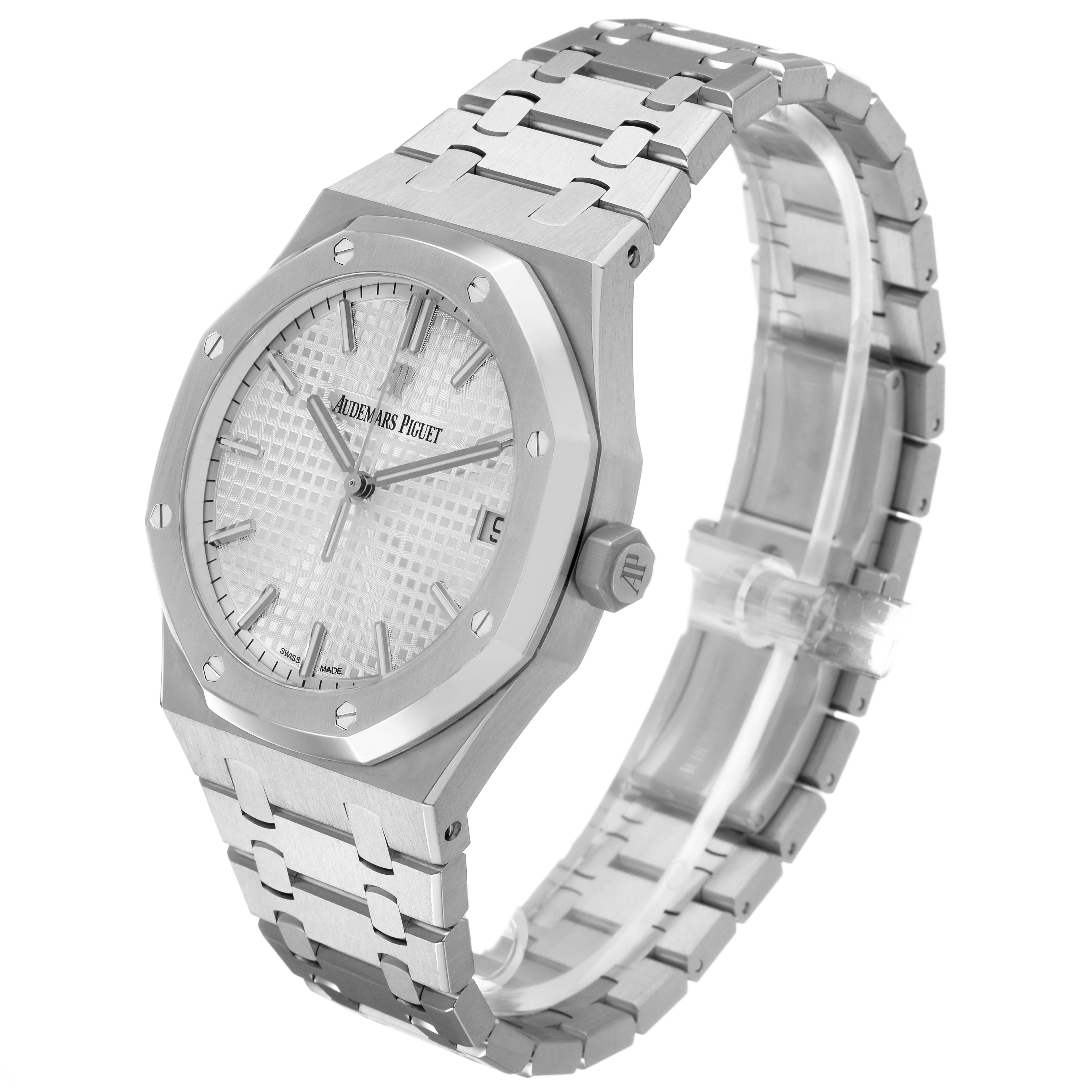 The Audemars Piguet Royal Oak 15500ST Men's Stainless Steel Silver Dial watch is shown at an oblique angle displaying the dial, bezel, crown, and metal bracelet.