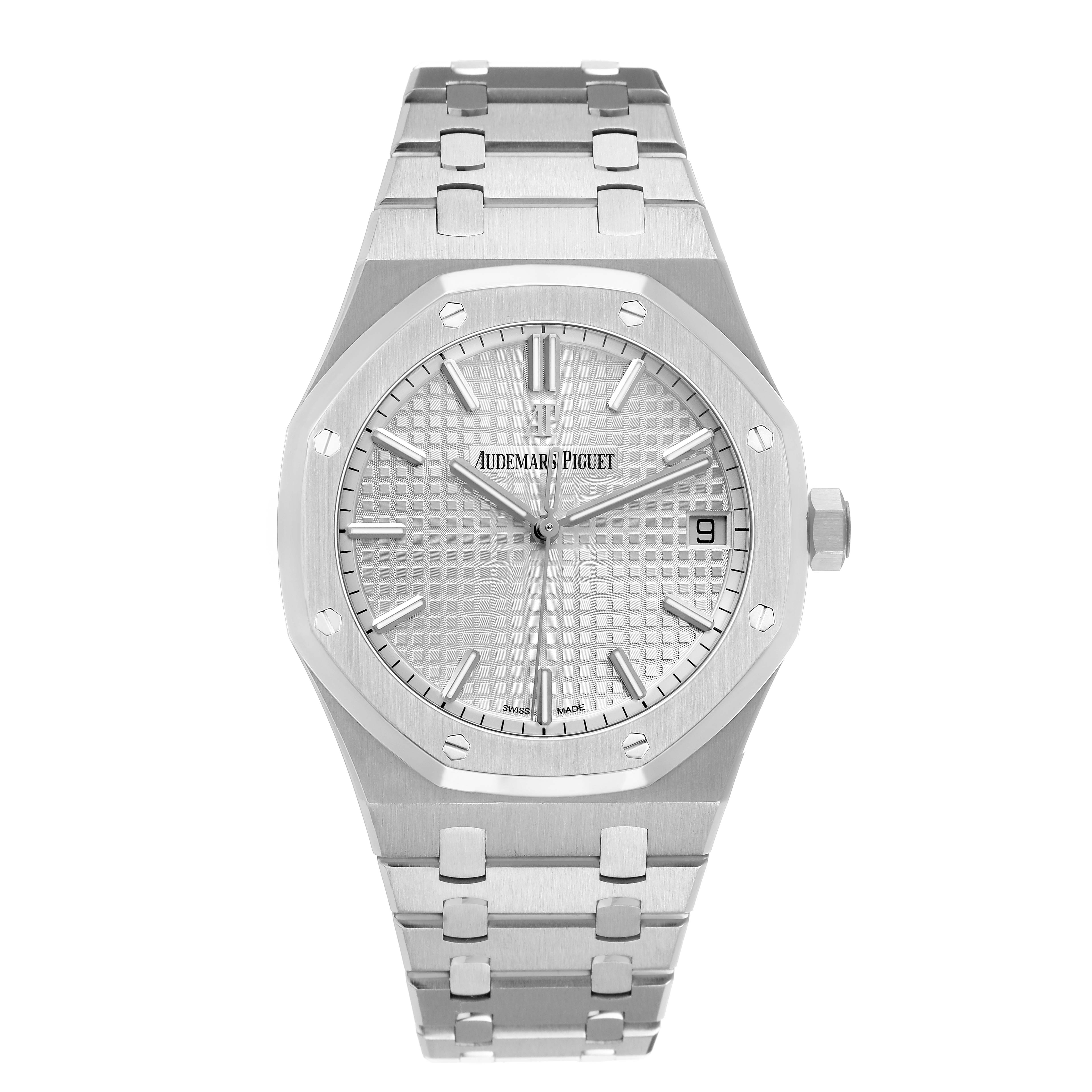 The image shows a front view of the Audemars Piguet Royal Oak 15500ST Men's Stainless Steel Silver Dial watch, displaying its octagonal bezel, dial, and integrated bracelet.