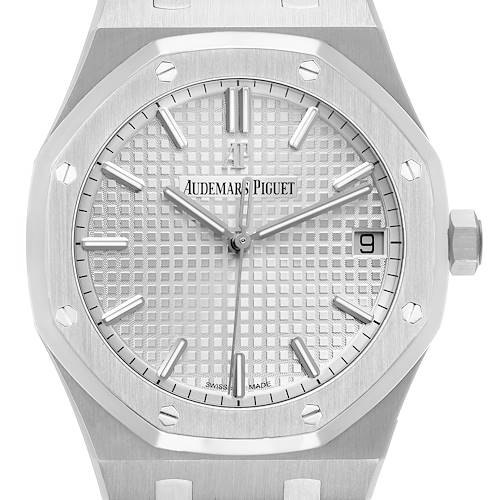 The image shows a frontal view of an Audemars Piguet Royal Oak 15500ST Men's Stainless Steel Silver Dial watch, highlighting its dial, bezel, and crown.