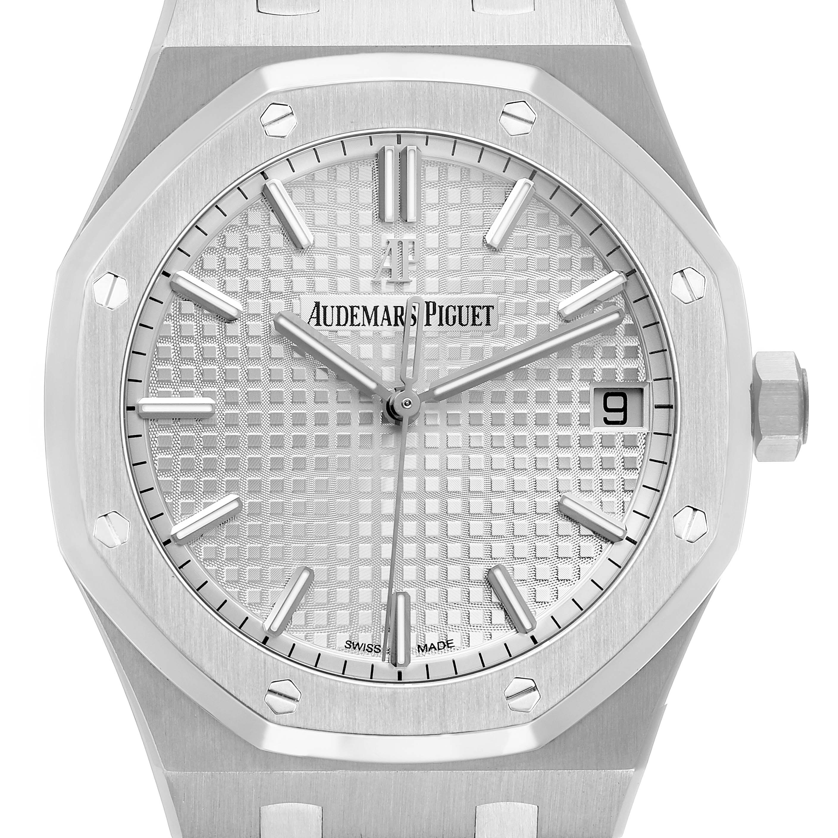 The image shows a front view of an Audemars Piguet Royal Oak 15500ST Men's Stainless Steel Silver Dial watch, highlighting the dial, case, bezel, and crown.