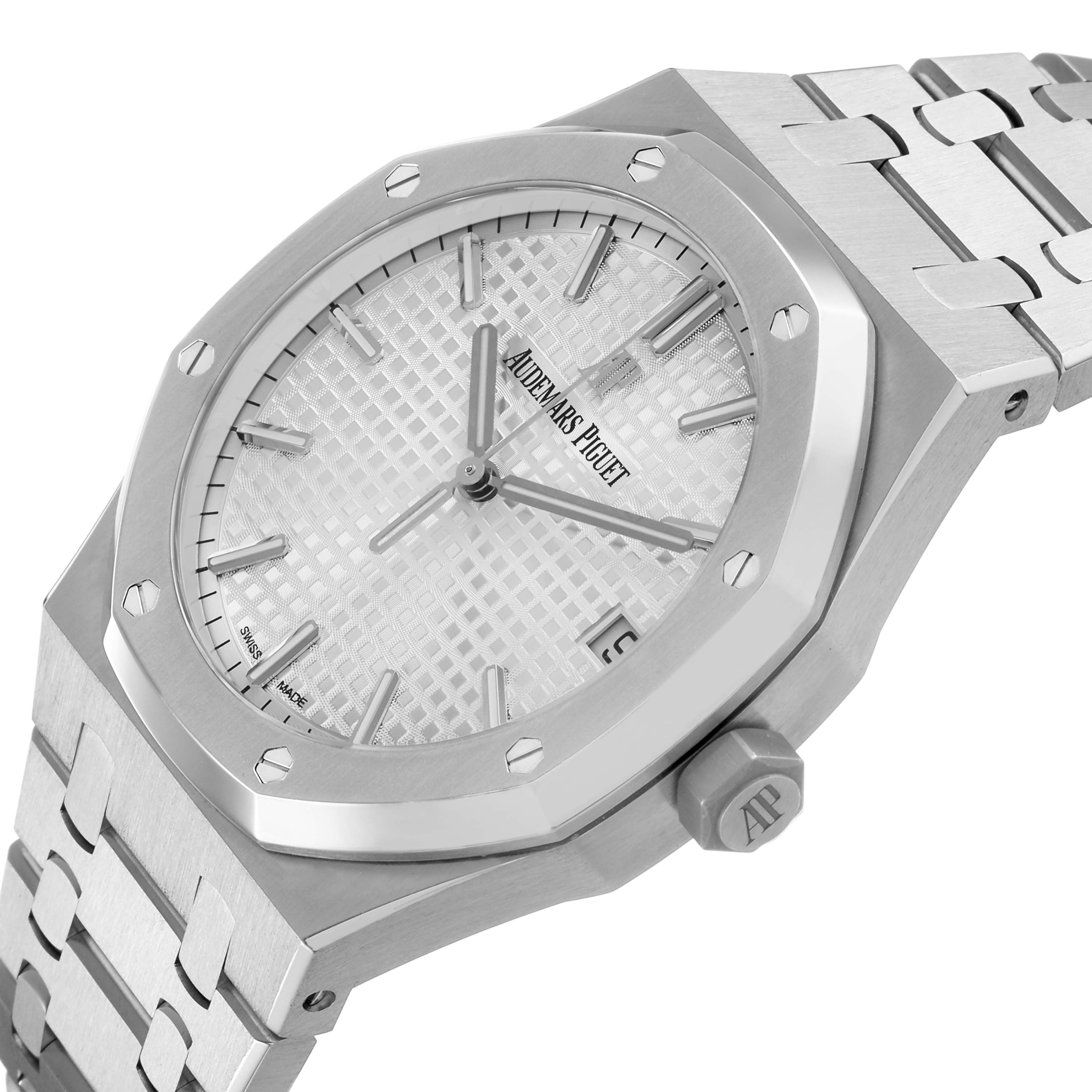 The image shows a Royal Oak by Audemars Piguet at an angled side view, highlighting its octagonal bezel, dial, and integrated bracelet.
