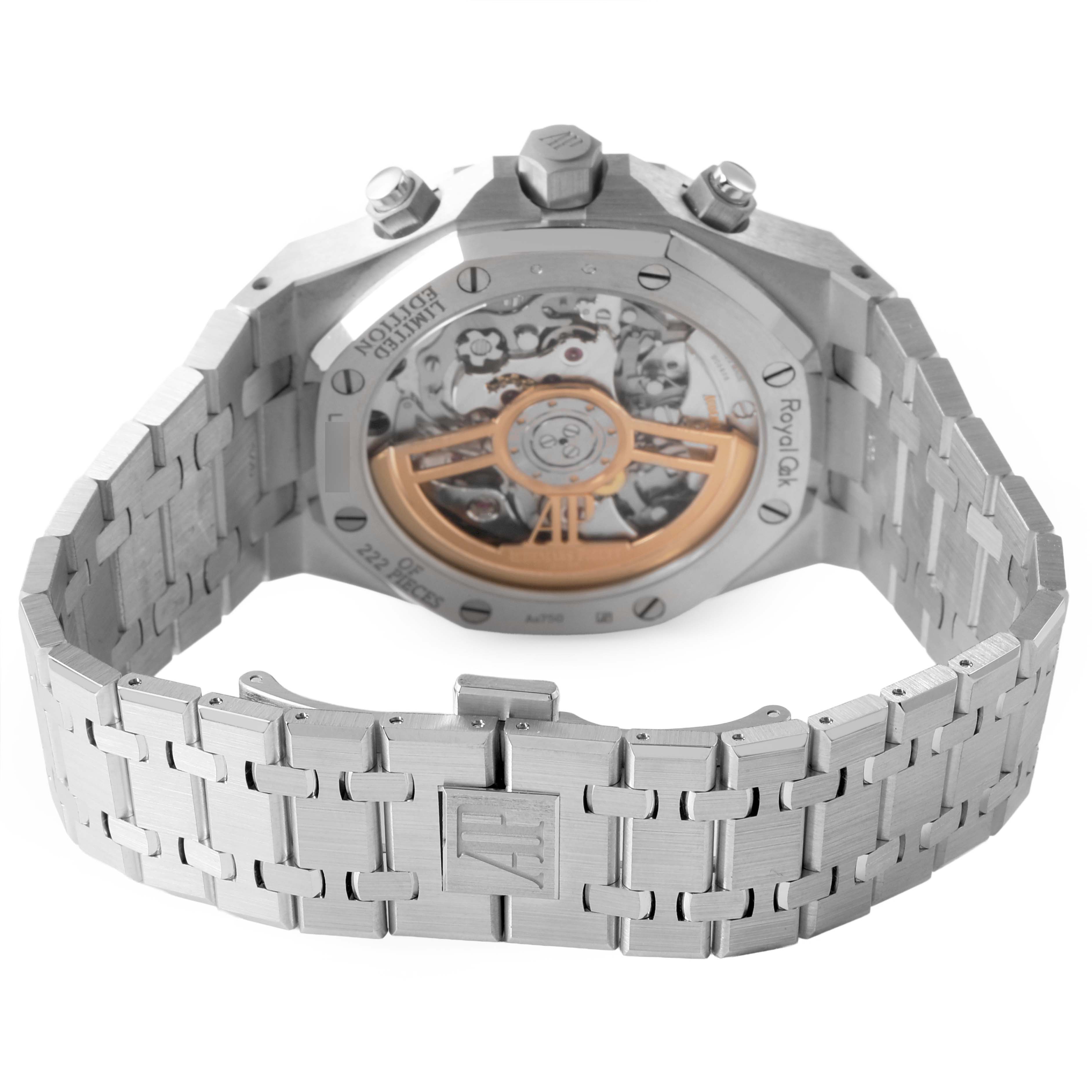 The image shows the back view of the Audemars Piguet Royal Oak 26239BC.OO.1220BC.01 Men's White Gold Blue Dial, highlighting its open caseback and bracelet.